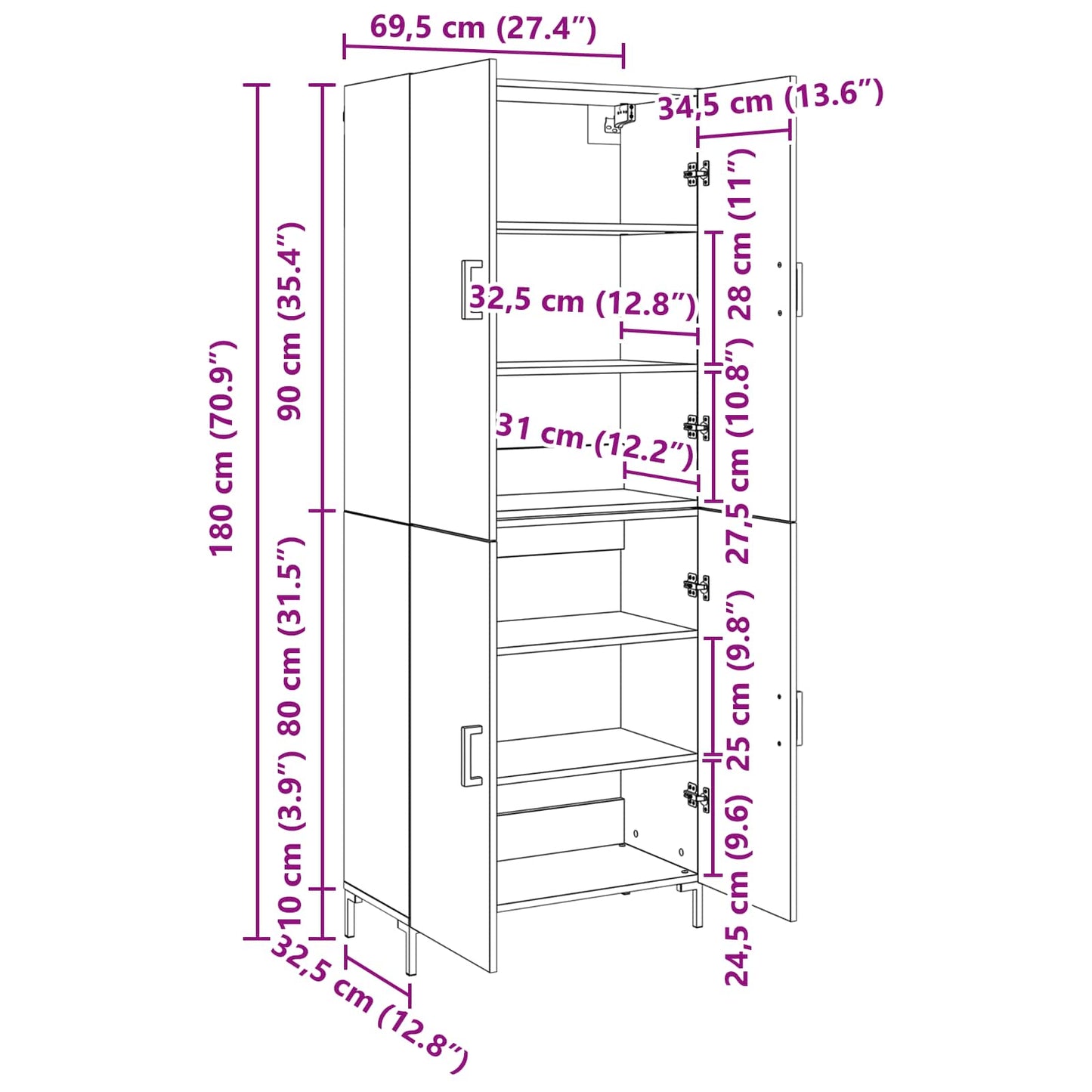 vidaXL Highboard Παλαιό ξύλο 69,5 x 34 x 180 εκ. Επεξεργασμένο ξύλο