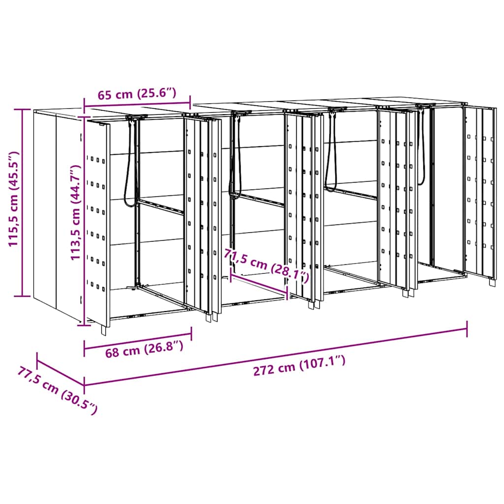 vidaXL Αποθήκη τροχήλατου κάδου για 3 κάδους 340 x 77.5 x 115.5 εκ