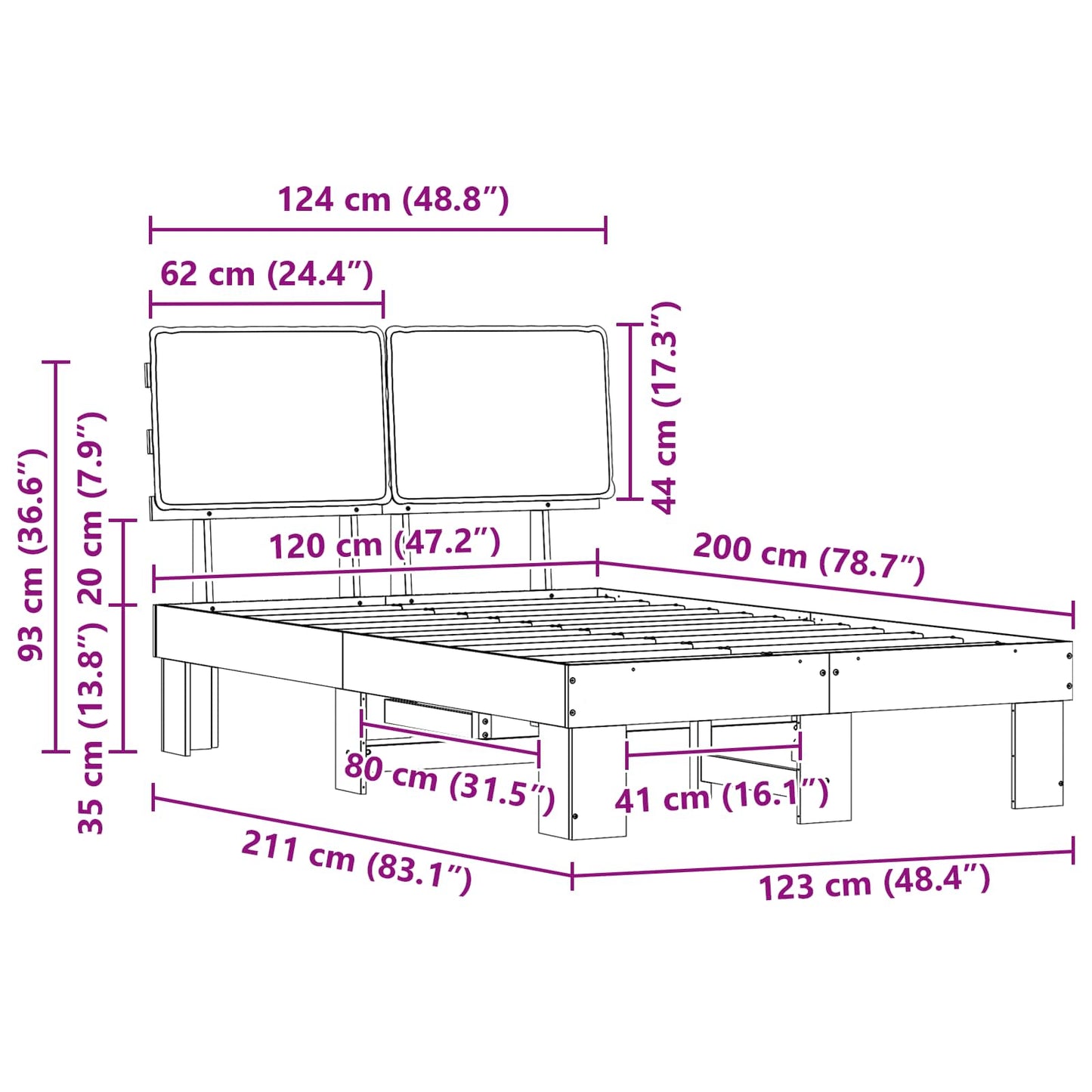 vidaXL Σκελετός Κρεβατιού με Επενδεδυμένο Κεφαλάρι Μαύρο 120 x 200 cm