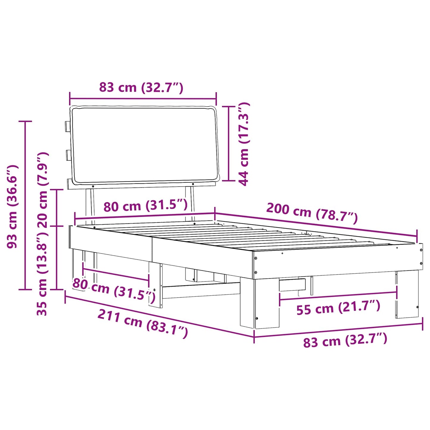 vidaXL Σκελετός Κρεβατιού με Επενδεδυμένο Κεφαλάρι Μαύρο 80 x 200 cm