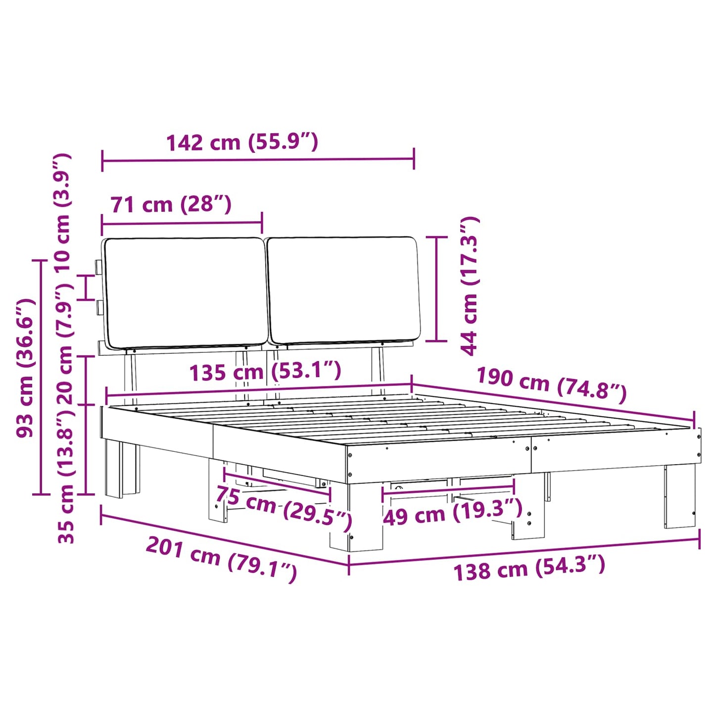 vidaXL Σκελετός Κρεβατιού με Επενδεδυμένο Κεφαλάρι Μαύρο 135 x 190 cm