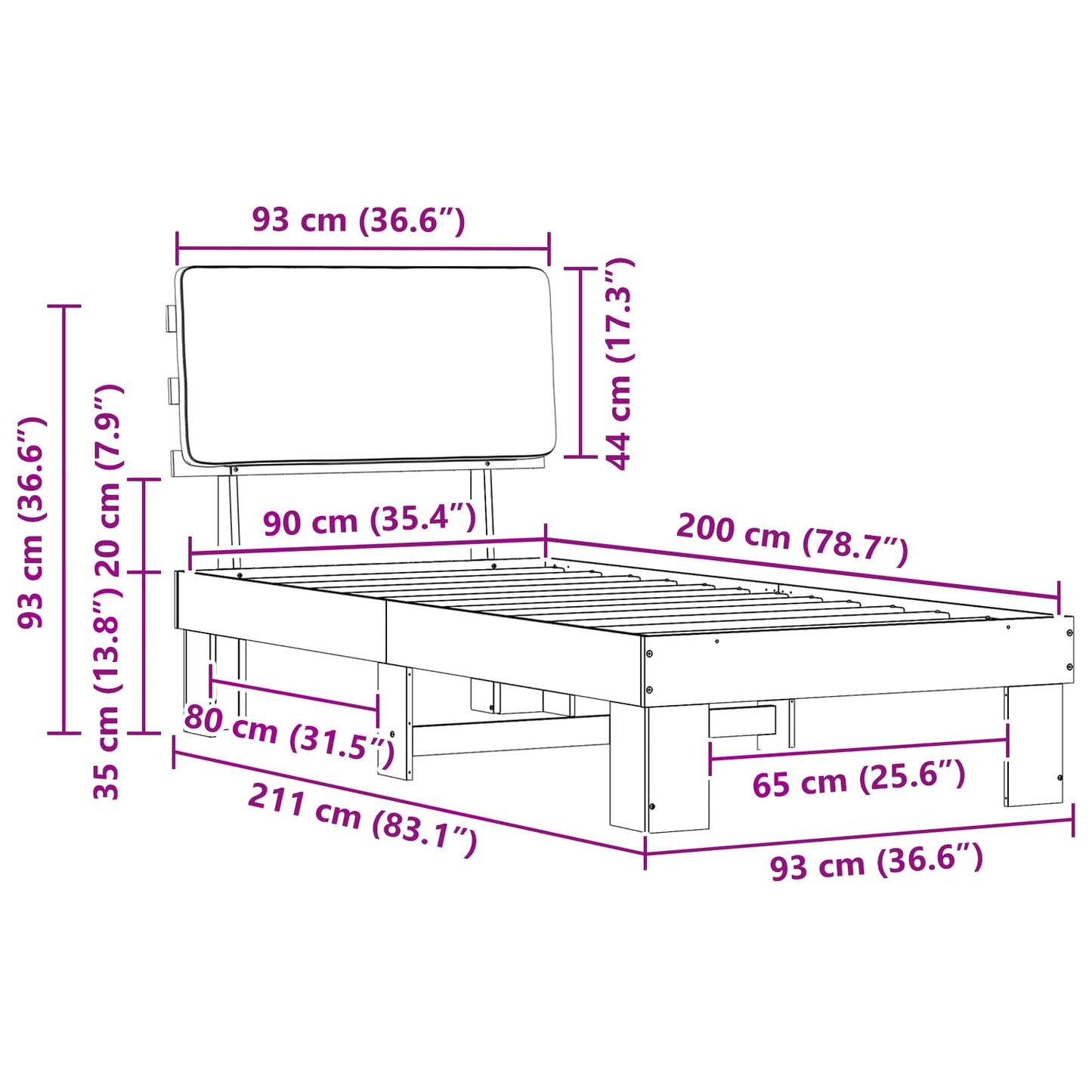 vidaXL Σκελετός Κρεβατιού με Επενδεδυμένο Κεφαλάρι Μαύρο 90 x 200 cm