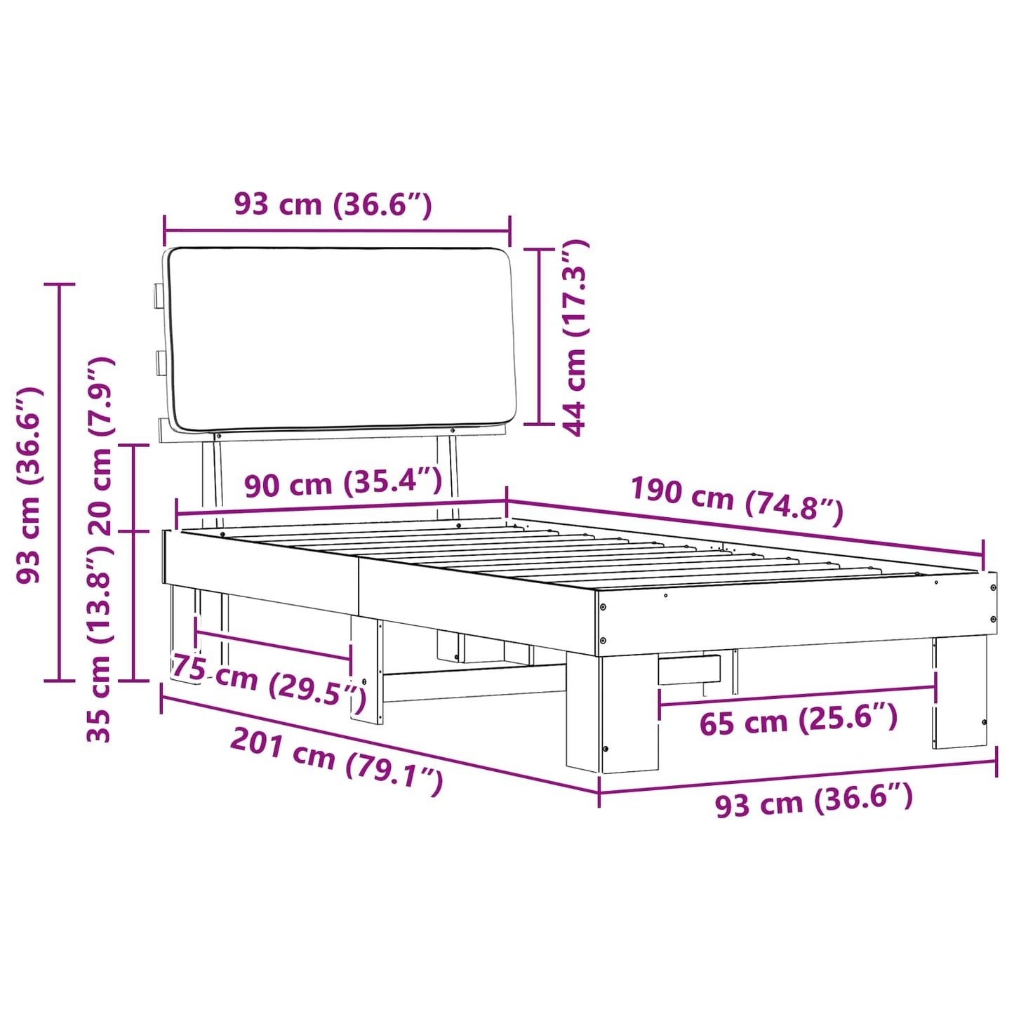 vidaXL Σκελετός Κρεβατιού με Επενδεδυμένο Κεφαλάρι Μαύρο 90 x 190 cm