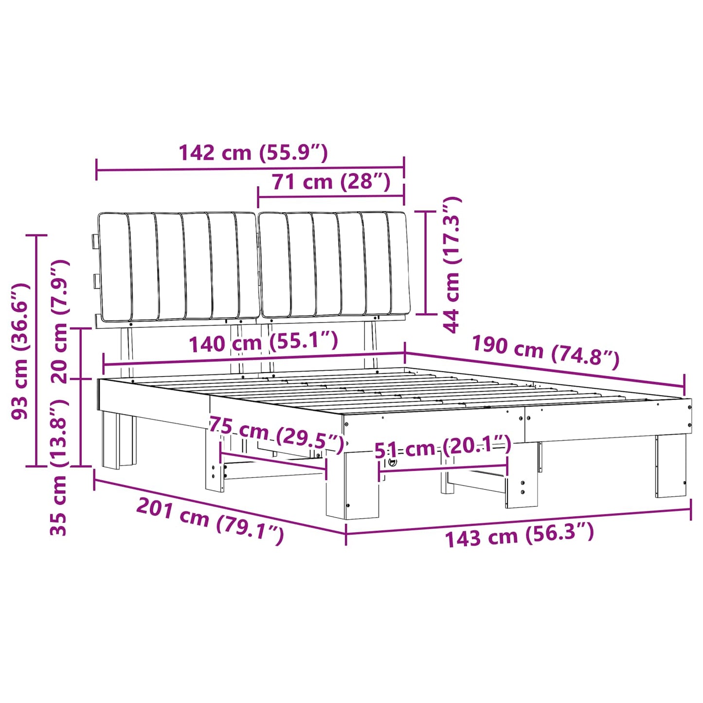 vidaXL Σκελετός Κρεβατιού με Επενδεδυμένο Κεφαλάρι Μαύρο 140 x 190 cm