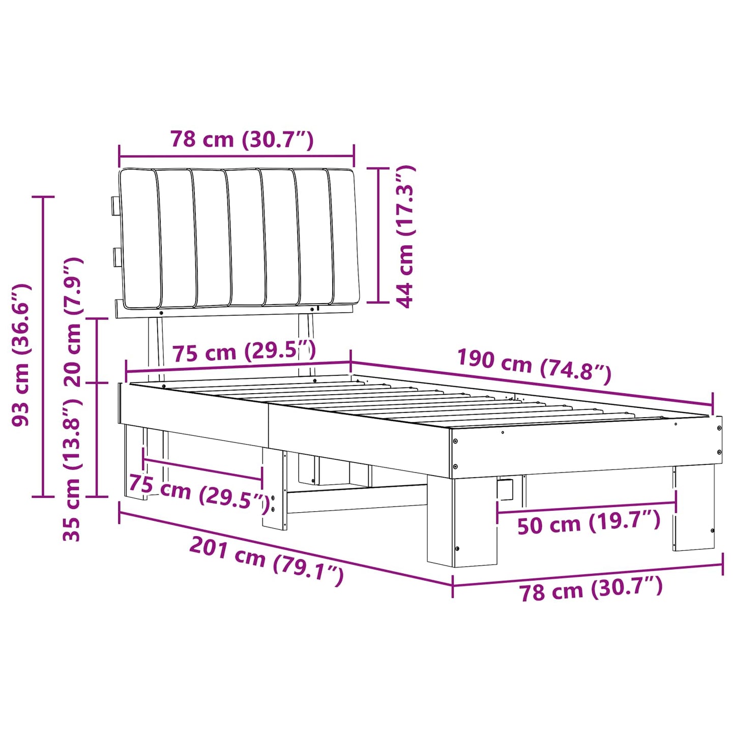 vidaXL Σκελετός Κρεβατιού με Επενδεδυμένο Κεφαλάρι Taupe 75 x 190 cm