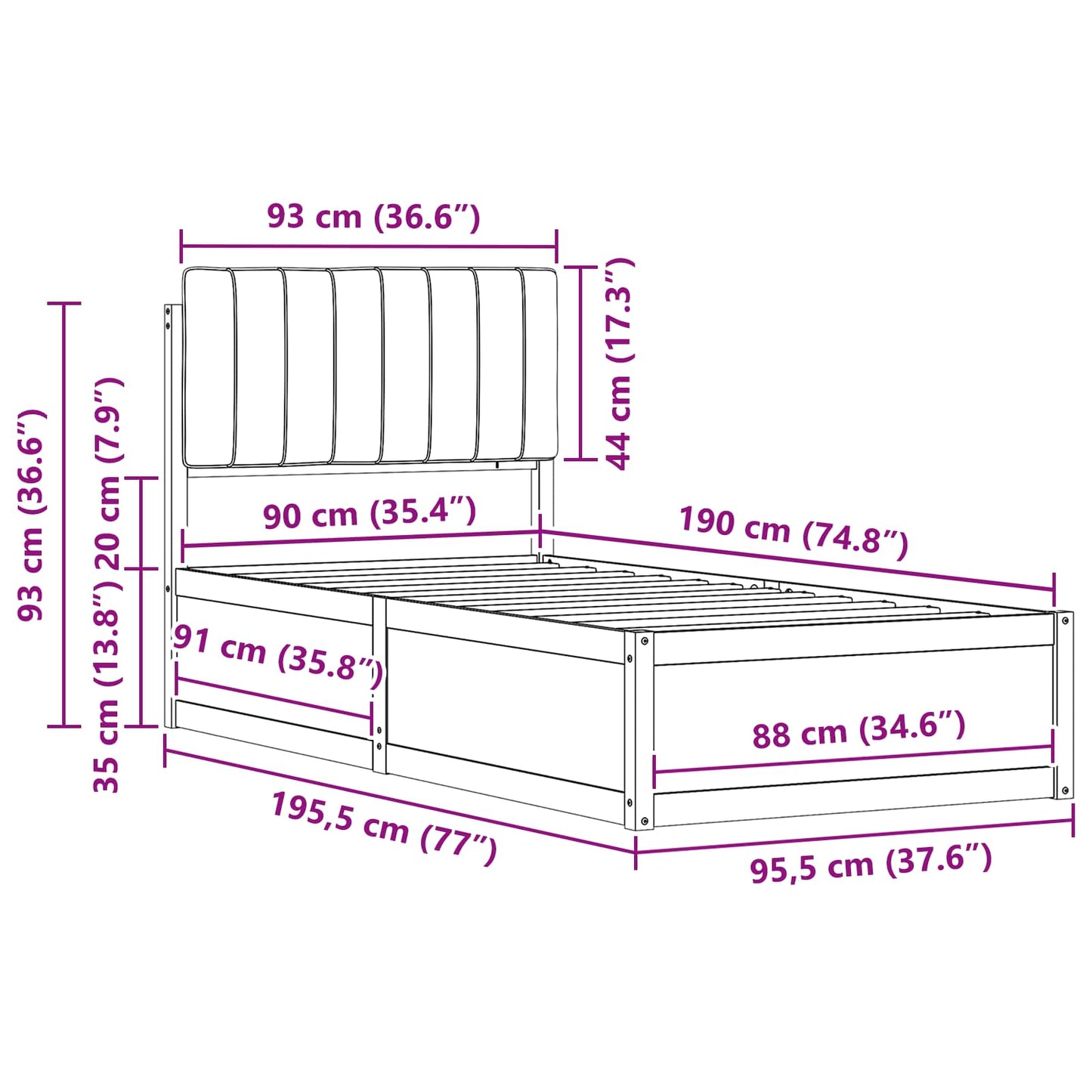 vidaXL Σκελετός Κρεβατιού με Επενδεδυμένο Κεφαλάρι Μαύρο 90 x 190 cm