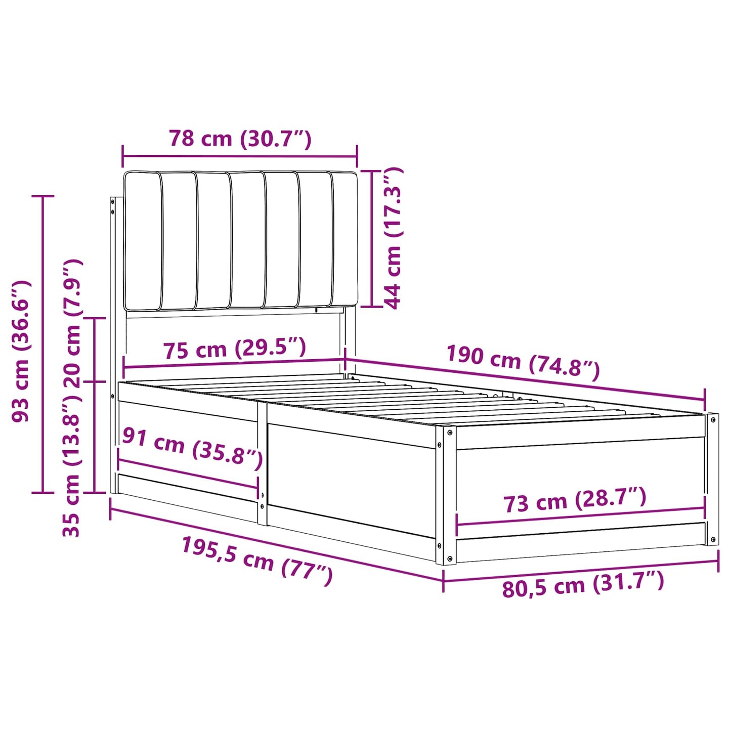 vidaXL Σκελετός Κρεβατιού με Επενδεδυμένο Κεφαλάρι Μαύρο 75 x 190 cm
