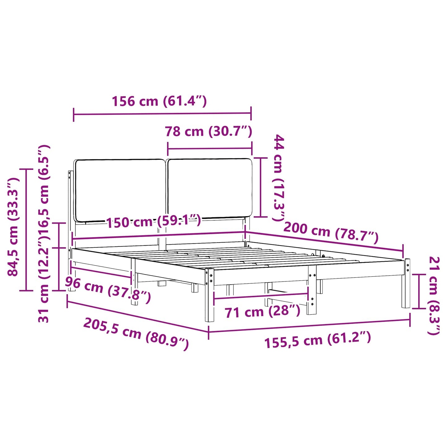vidaXL Σκελετός Κρεβατιού με Επενδεδυμένο Κεφαλάρι Μαύρο 150 x 200 cm