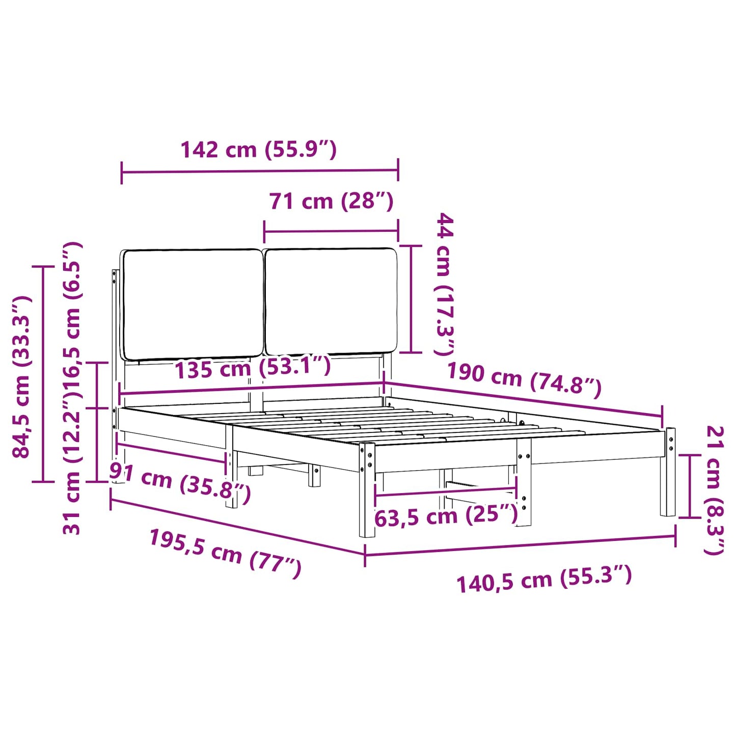 vidaXL Σκελετός Κρεβατιού με Επενδεδυμένο Κεφαλάρι Μαύρο 135 x 190 cm