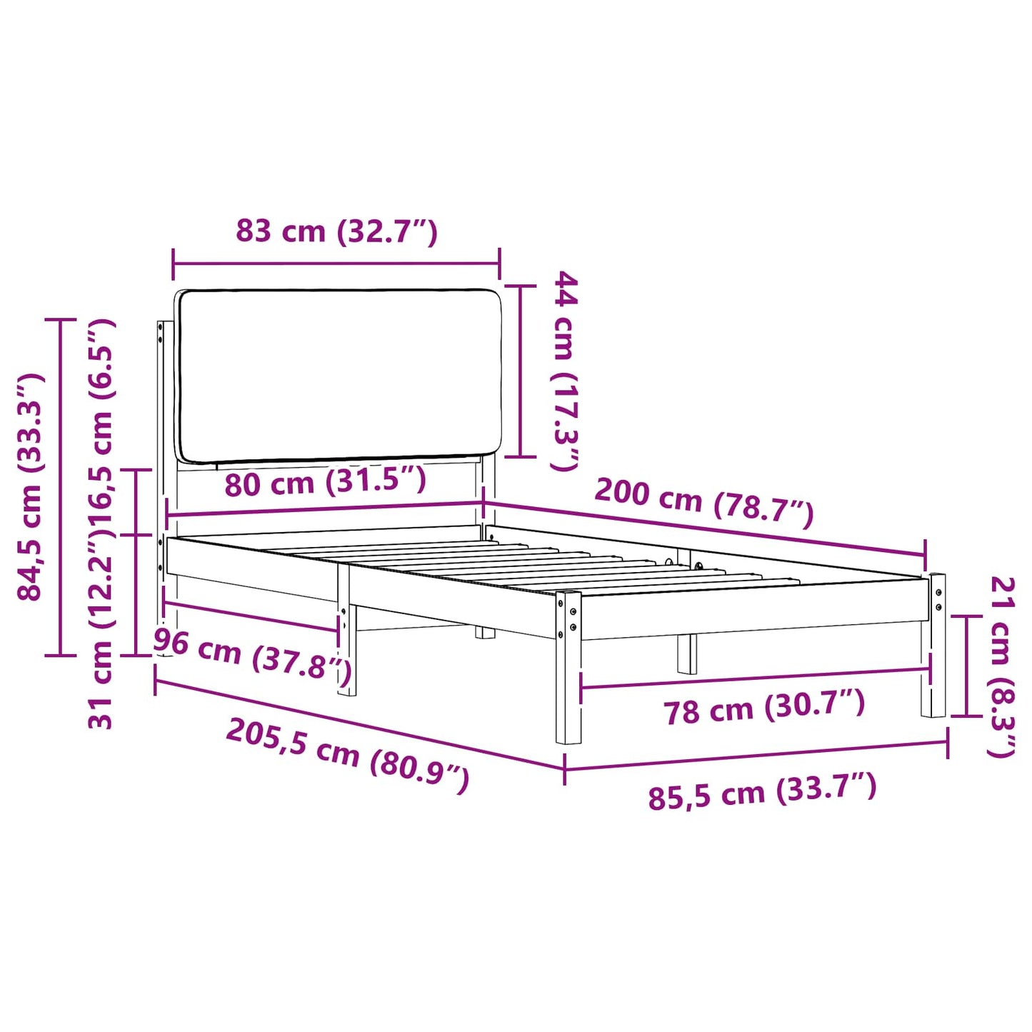 vidaXL Σκελετός Κρεβατιού με Επενδεδυμένο Κεφαλάρι Μαύρο 80 x 200 cm
