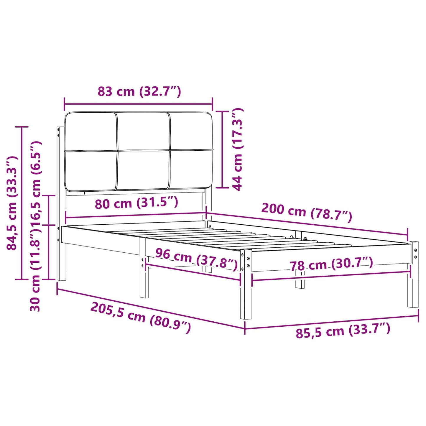 vidaXL Σκελετός Κρεβατιού με Επενδεδυμένο Κεφαλάρι Μαύρο 80 x 200 cm