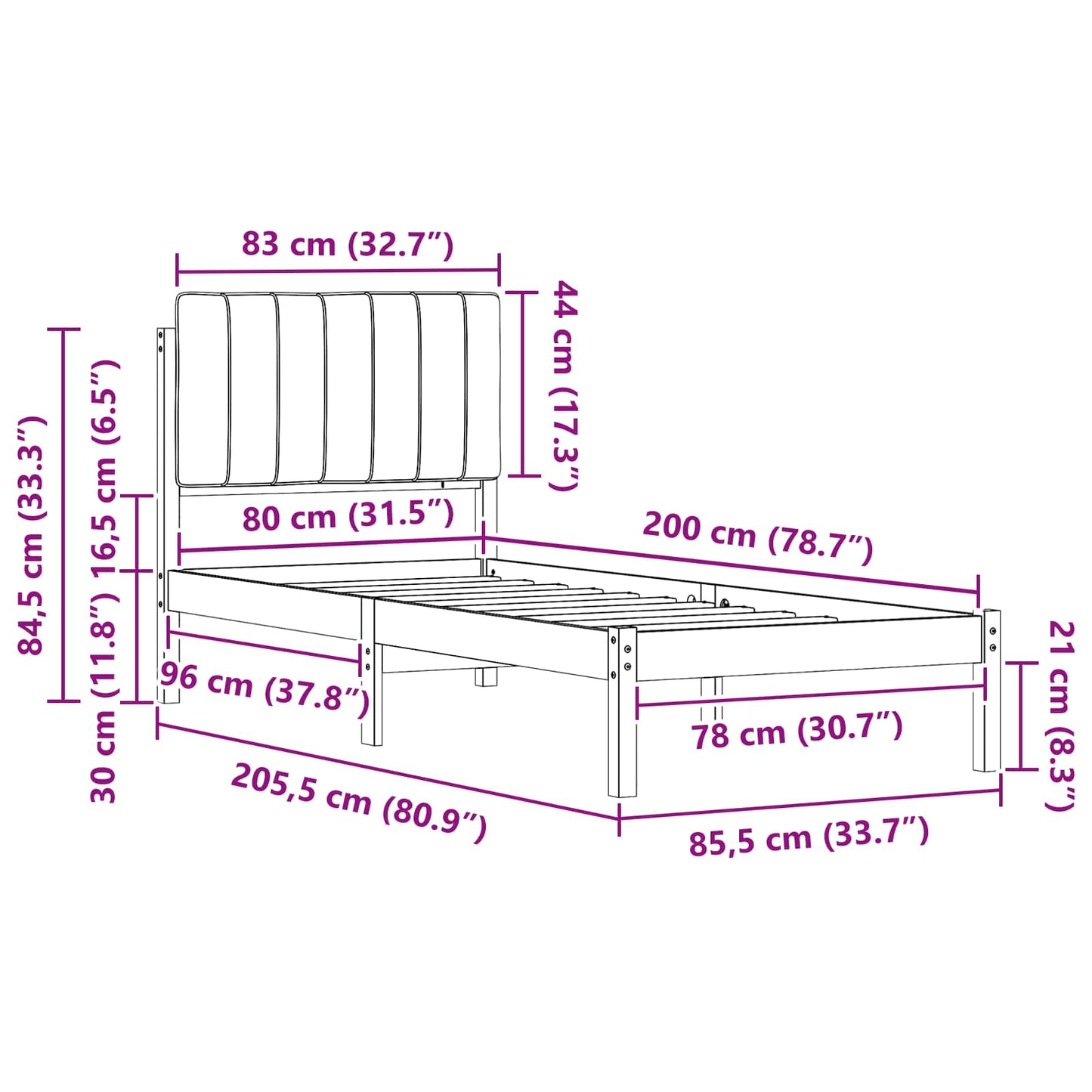 vidaXL Σκελετός Κρεβατιού με Επενδεδυμένο Κεφαλάρι Μαύρο 80 x 200 cm