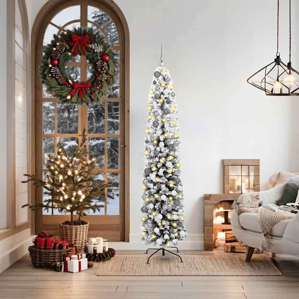vidaXL Slim Χριστουγεννιάτικο Δέντρο 300 LEDs & Σετ Μπάλας & Χιονισμένο Πράσινο 180 cm
