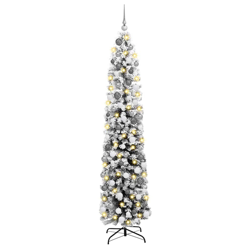 vidaXL Slim Χριστουγεννιάτικο Δέντρο 300 LEDs & Σετ Μπάλας & Χιονισμένο Πράσινο 180 cm