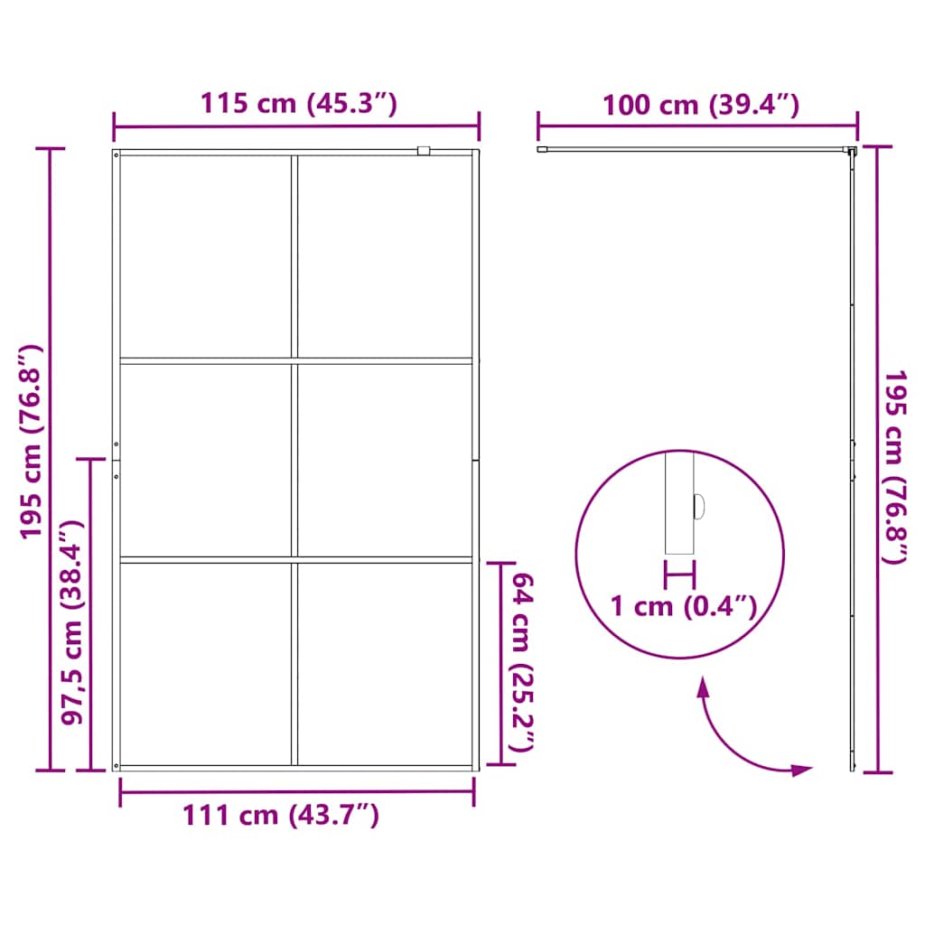 vidaXL Τοίχος Ντους Walk-in Μαύρο 115 x 195 cm σκληρυμένο γυαλί