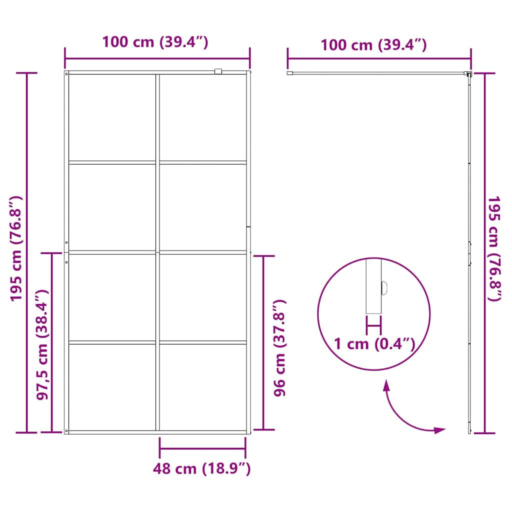 vidaXL Τοίχος Ντους Walk-in Μαύρο 100 x 195 cm σκληρυμένο γυαλί