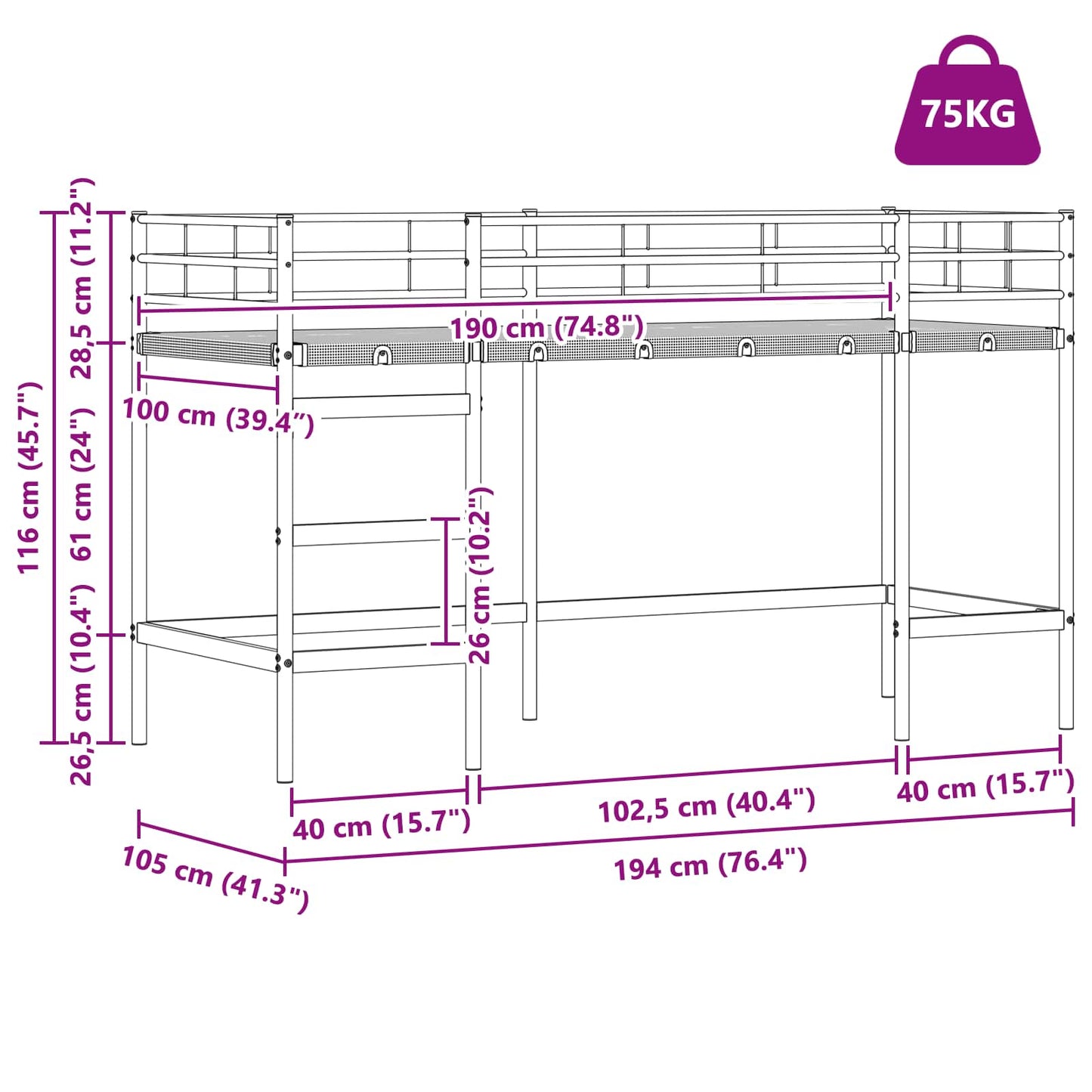 vidaXL Κρεβάτι κουκέτας για παιδιά Λευκό 99,5 x 190 εκ. Ατσάλι