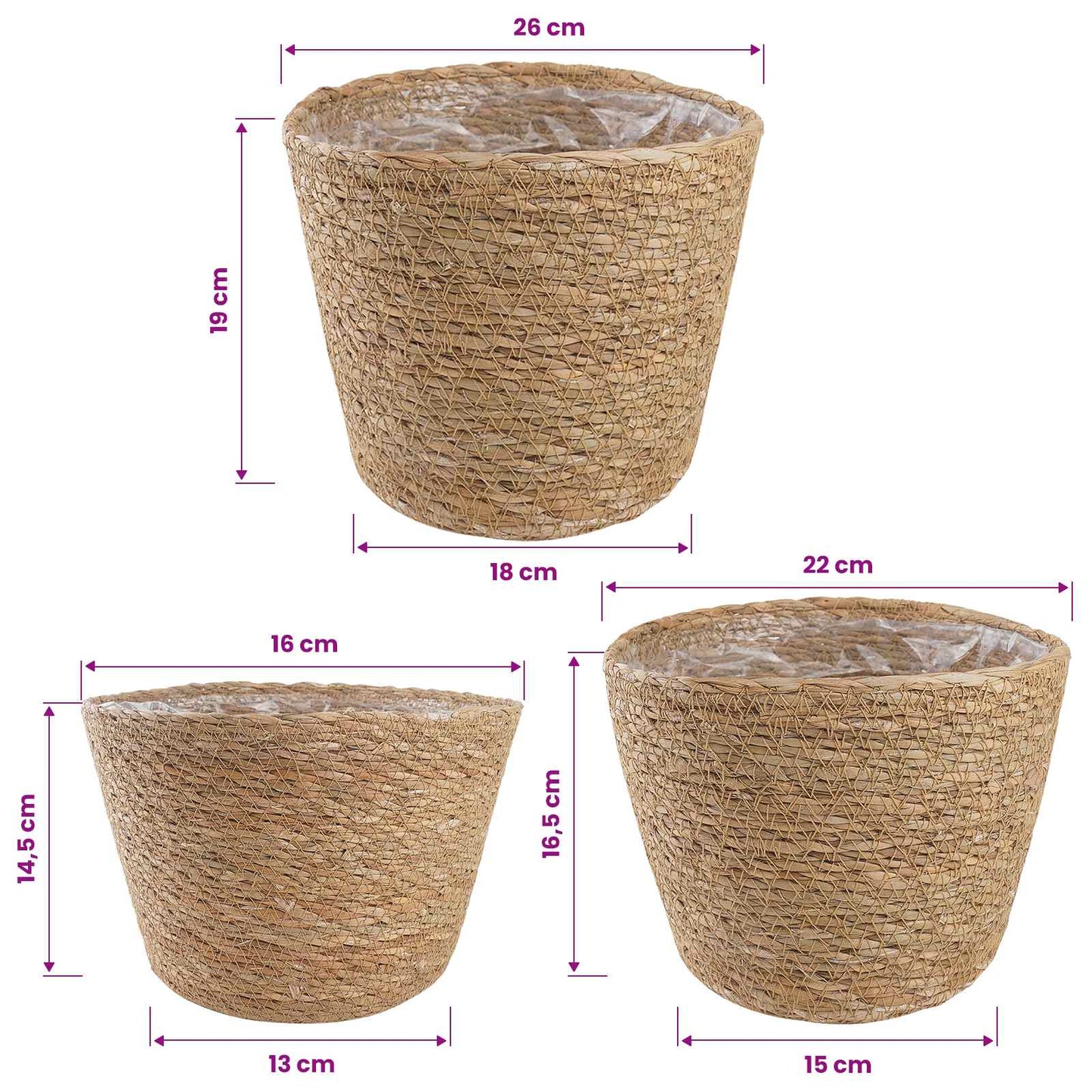 vidaXL Καλάθια φυτών από θαλασσόχορτο 3 pcs Φυσικό Ø26 x 19 εκ.