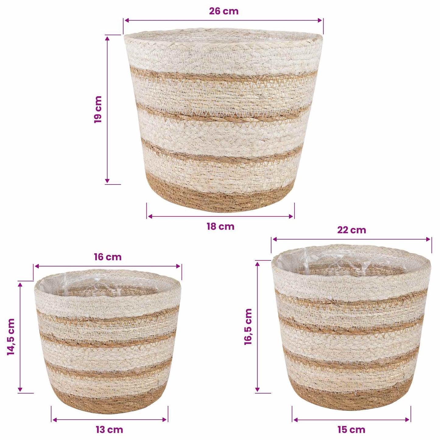 vidaXL Καλάθια φυτών από θαλασσόχορτο 3 pcs Φυσικό, Λευκό και Μπεζ