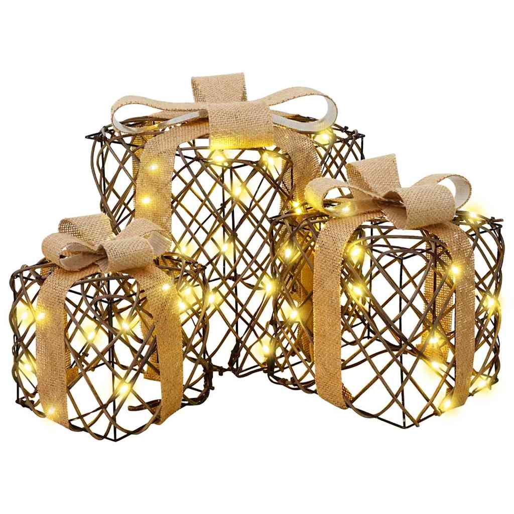 vidaXL Κουτί Δώρου με 60 LED 3 pcs Θερμό λευκό 20 x 20 x 20 εκ. Ρατάν