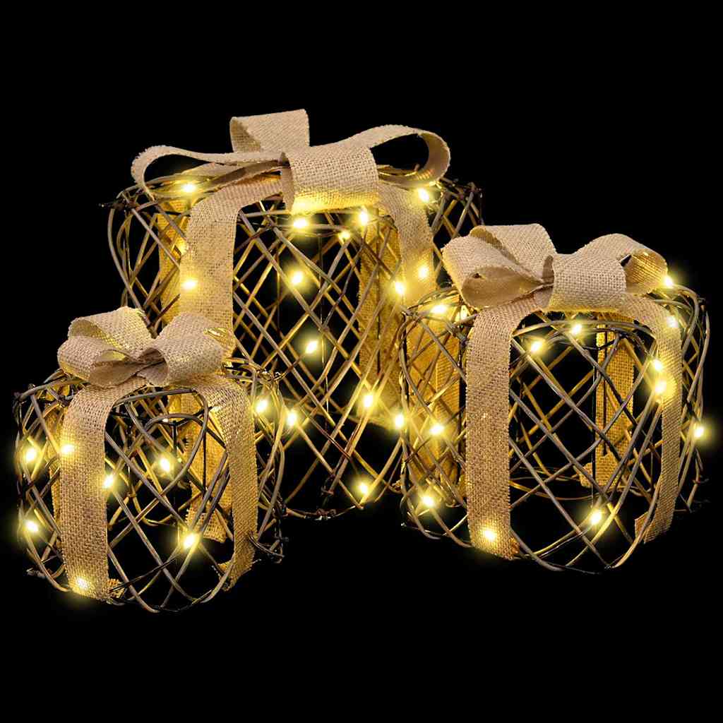 vidaXL Κουτί Δώρου με 60 LED 3 pcs Θερμό λευκό 20 x 20 x 20 εκ. Ρατάν