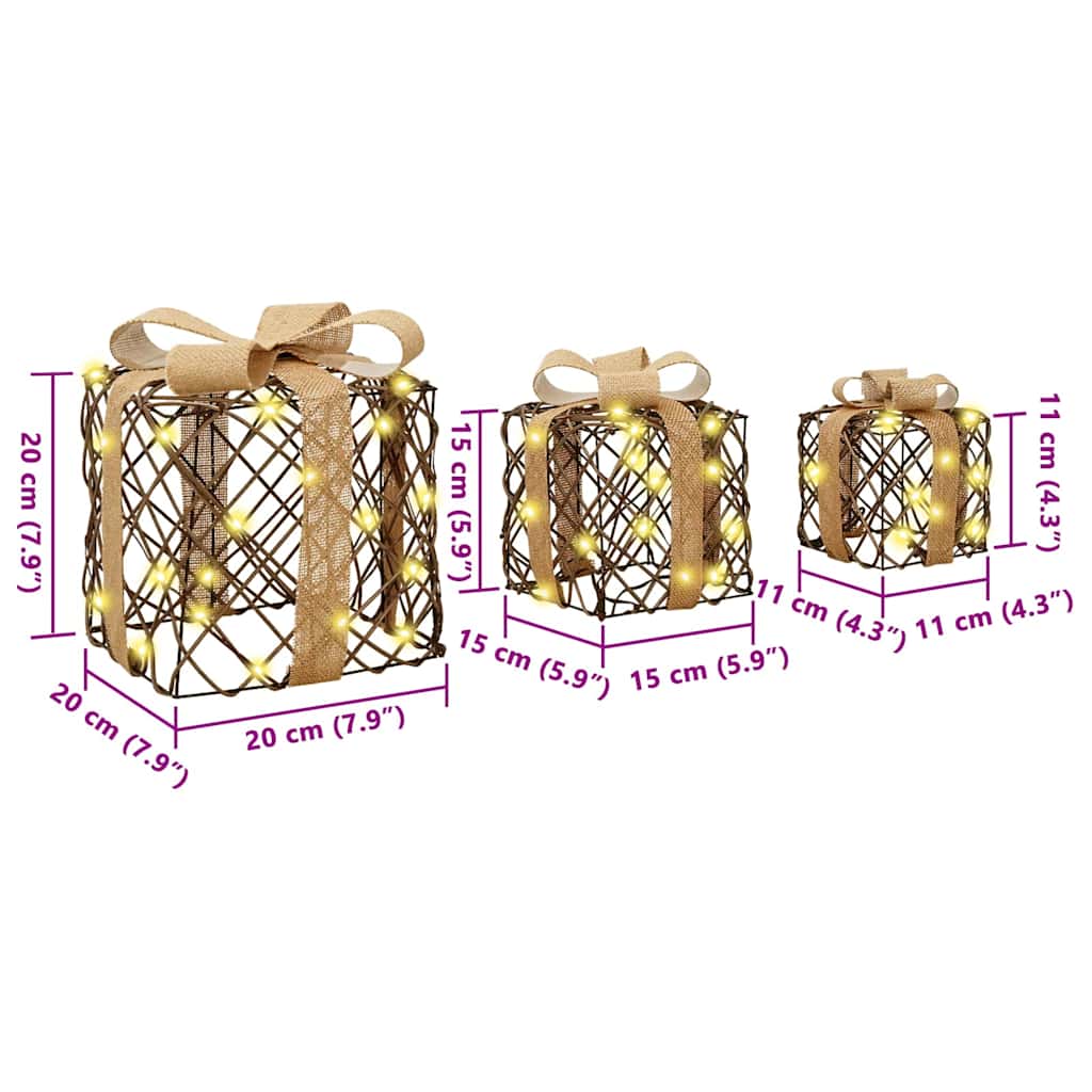 vidaXL Κουτί Δώρου με 60 LED 3 pcs Θερμό λευκό 20 x 20 x 20 εκ. Ρατάν