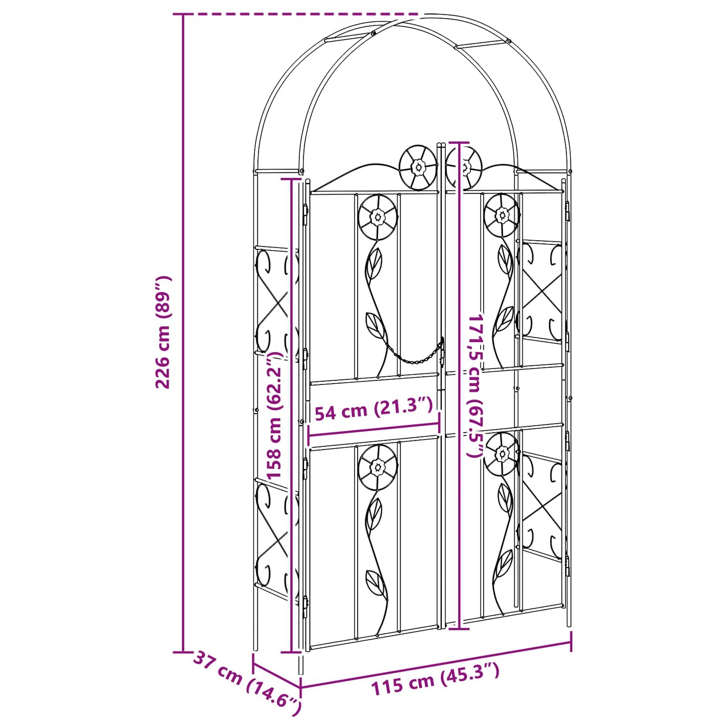 vidaXL Κήπος Αψίδα Μονόχρωμο Μαύρο 115 x 37 x 226 εκ