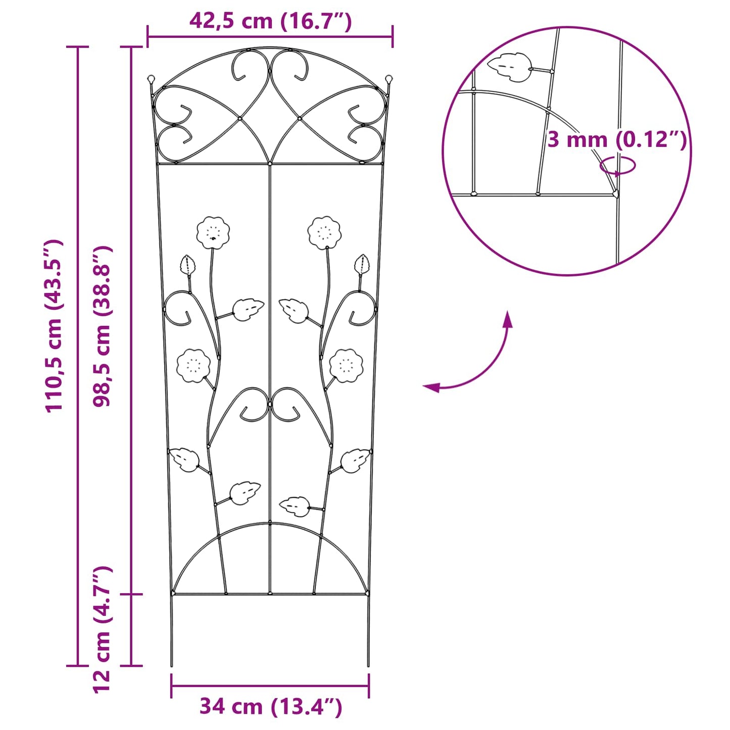vidaXL Φράχτης Κήπου 3 pcs Μαύρο 110,5 x 42,5 εκ Ατσάλι