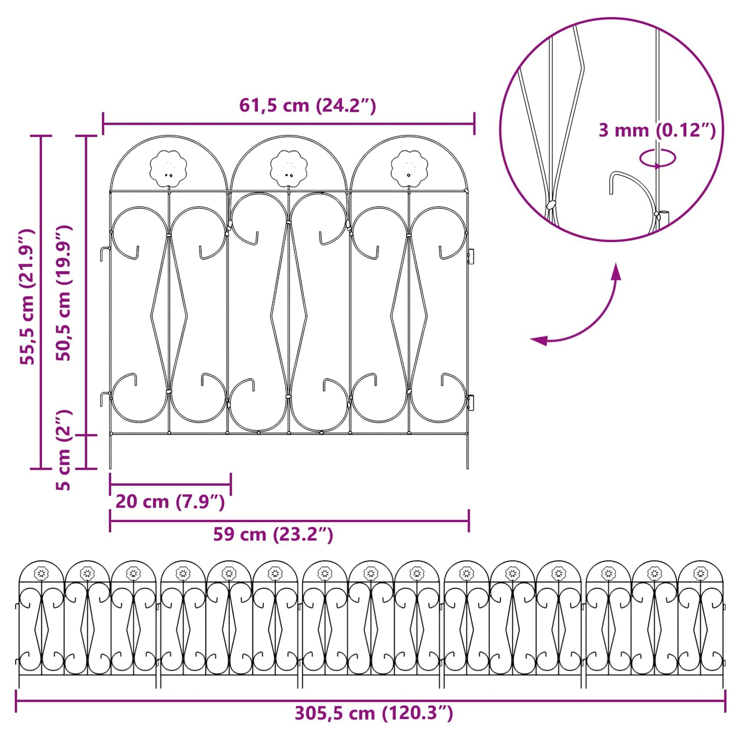 vidaXL Φράχτης Κήπου Καφασωτά Μαύρο 305,5 x 55,5 x 0,3 εκ