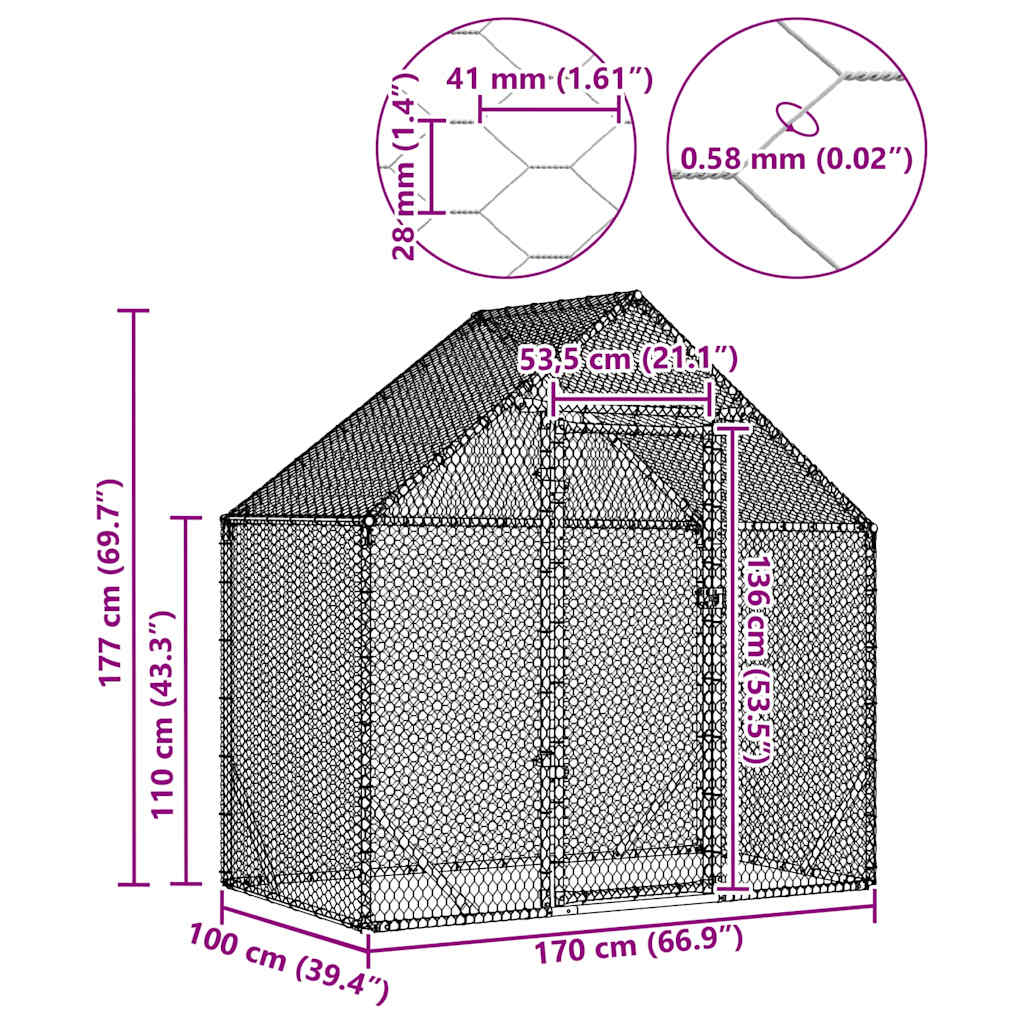 vidaXL Κλουβί για κότες Ασημί 170 x 100 x 177 εκ Επικαλυμμένος Χάλυβας