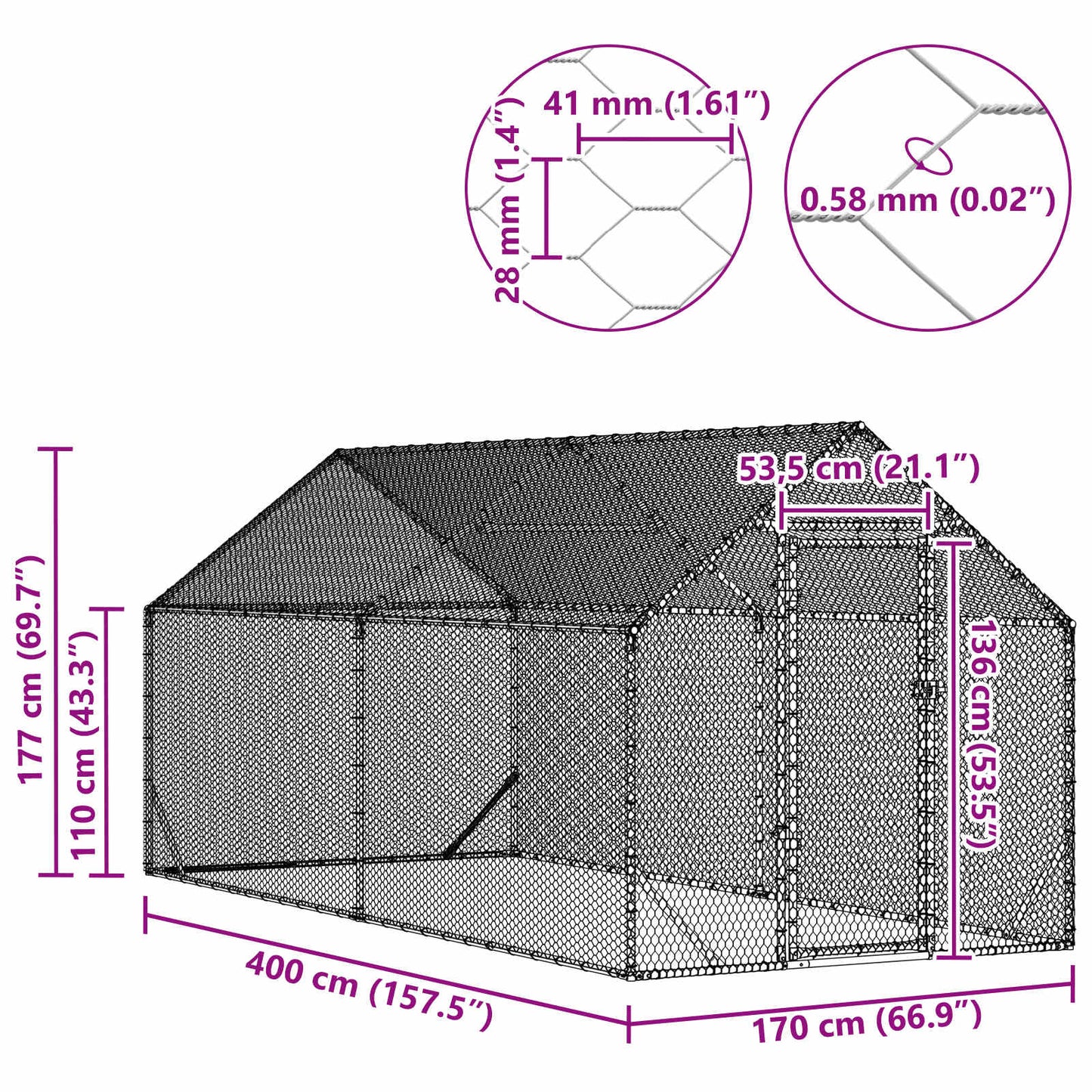 vidaXL Κλουβί για κότες Ασημί 400 x 170 x 177 εκ Επικαλυμμένος Χάλυβας