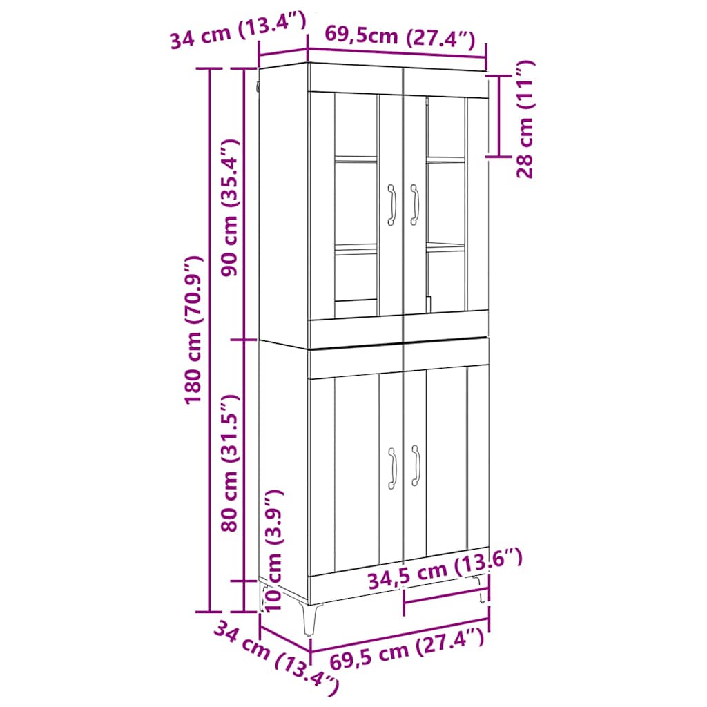 vidaXL Highboard Μαύρη Οξυά 69,5 x 34 x 180 εκ. Επεξεργασμένο ξύλο