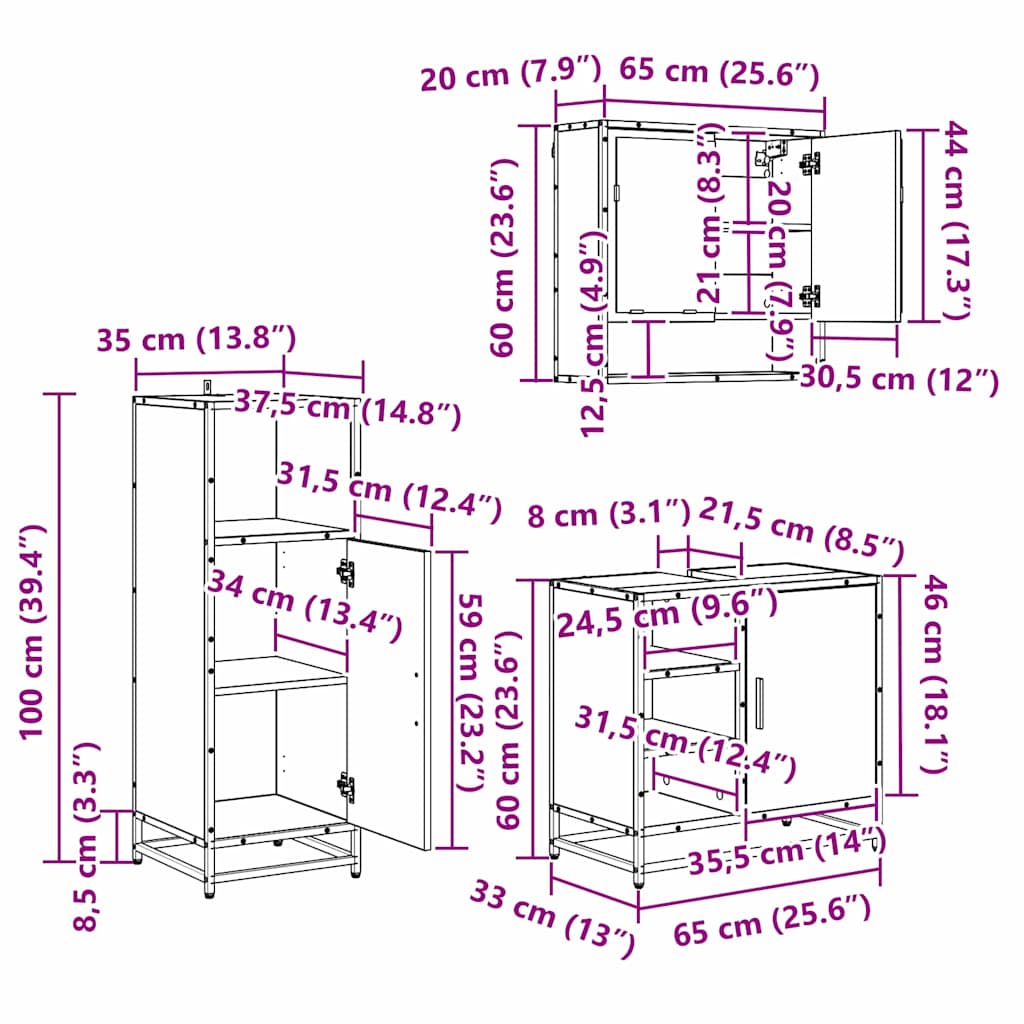 vidaXL Σετ Επίπλων Μπάνιου με ράφι 3 pcs Μαύρη Οξυά Επεξεργασμένο ξύλο