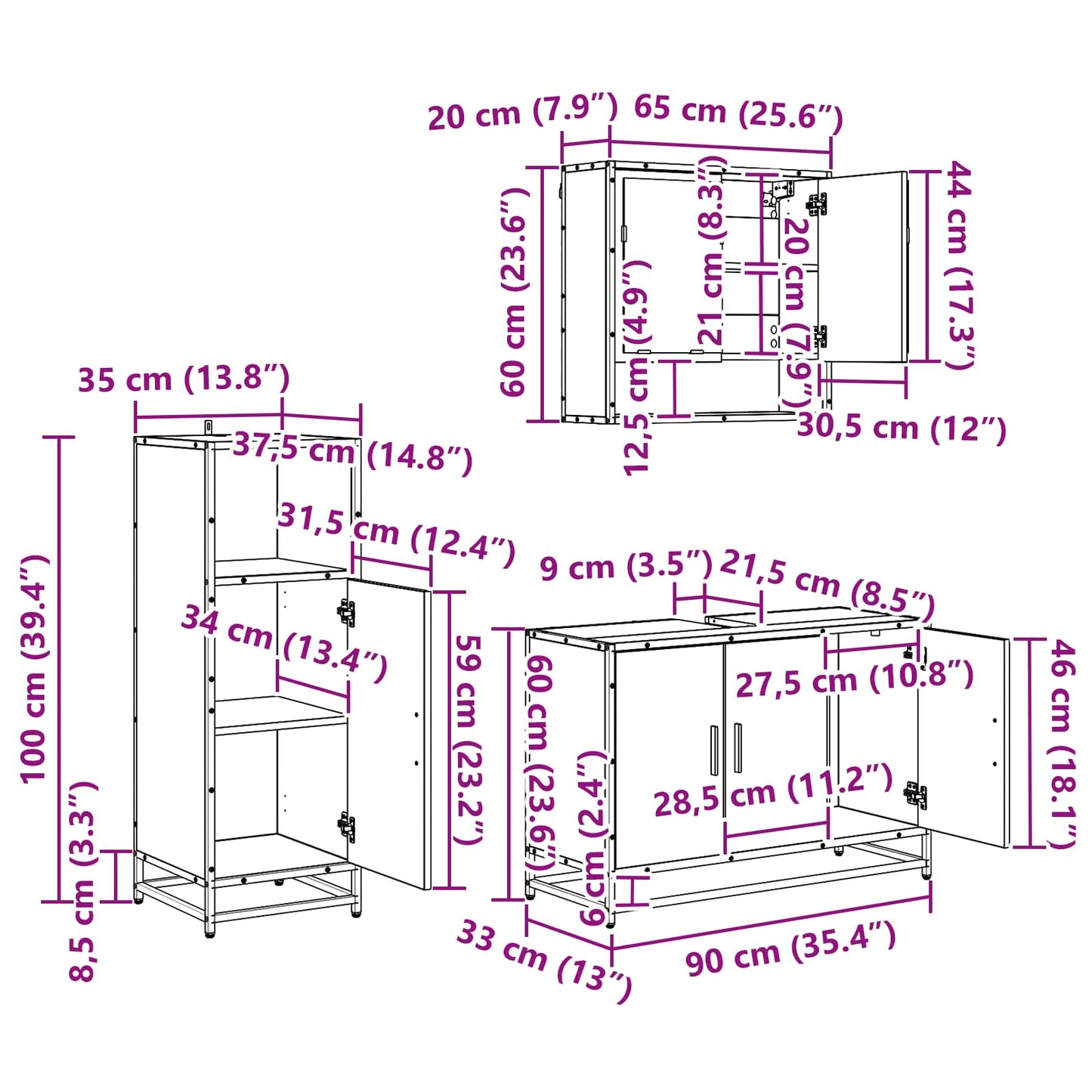 vidaXL Σετ Επίπλων Μπάνιου 3 τμχ. Μαύρη Οξυά 90 x 33 x 60 εκ.