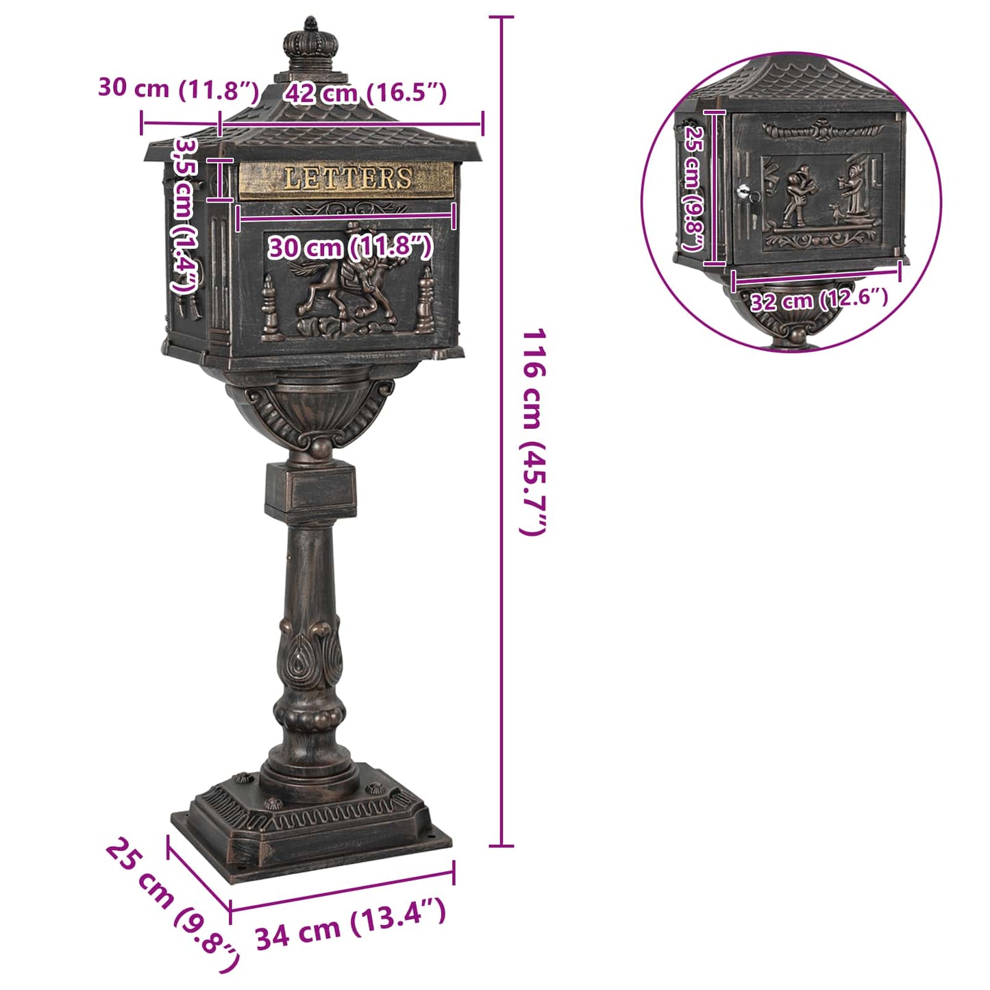 vidaXL Όρθια Θυρίδα Ταχυδρομείου με πόρτα Μπρονζέ 42,5 x 29,5 x 117 εκ