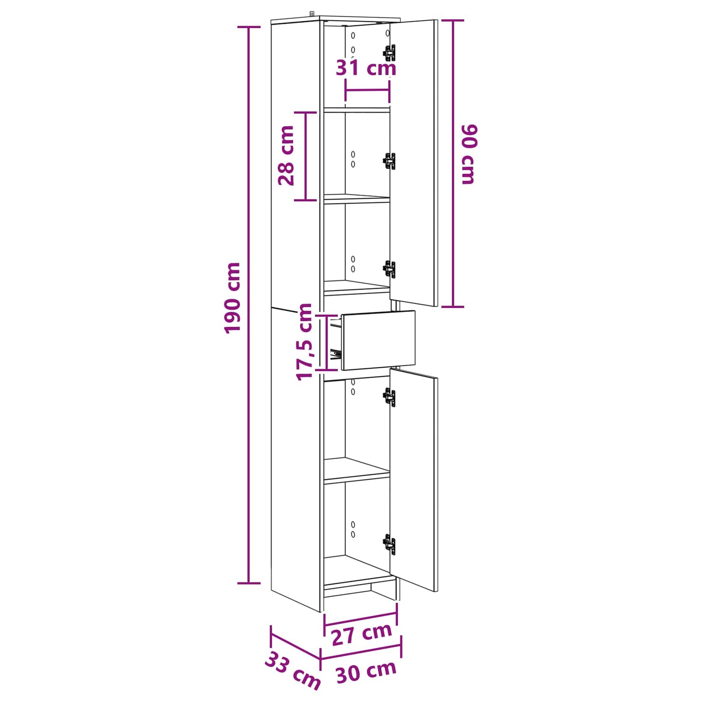 vidaXL Ντουλάπι Μπάνιου Γκρι Σκυροδέματος 30 x 33 x 190 εκ.