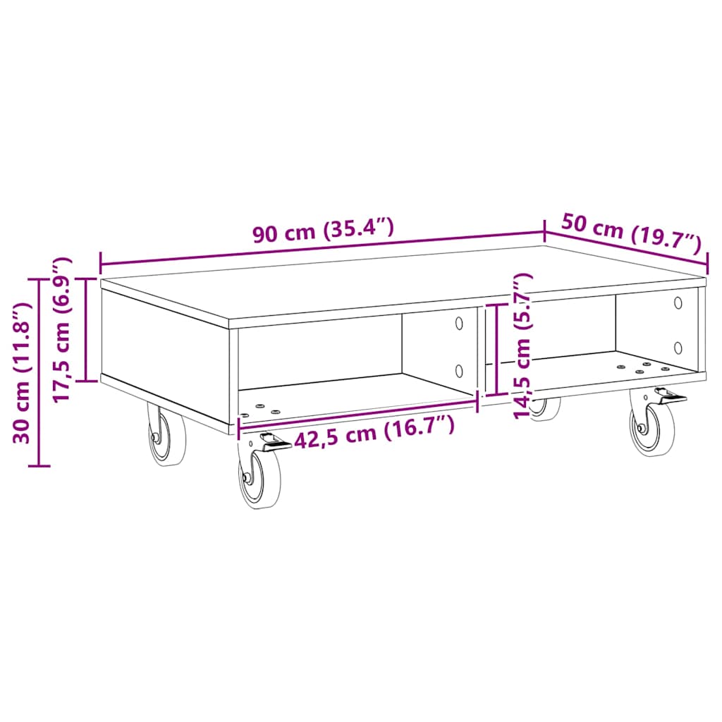 vidaXL Κομοδίνο με τροχούς Καπνιστό Δρύς 90 x 50 x 30 cm