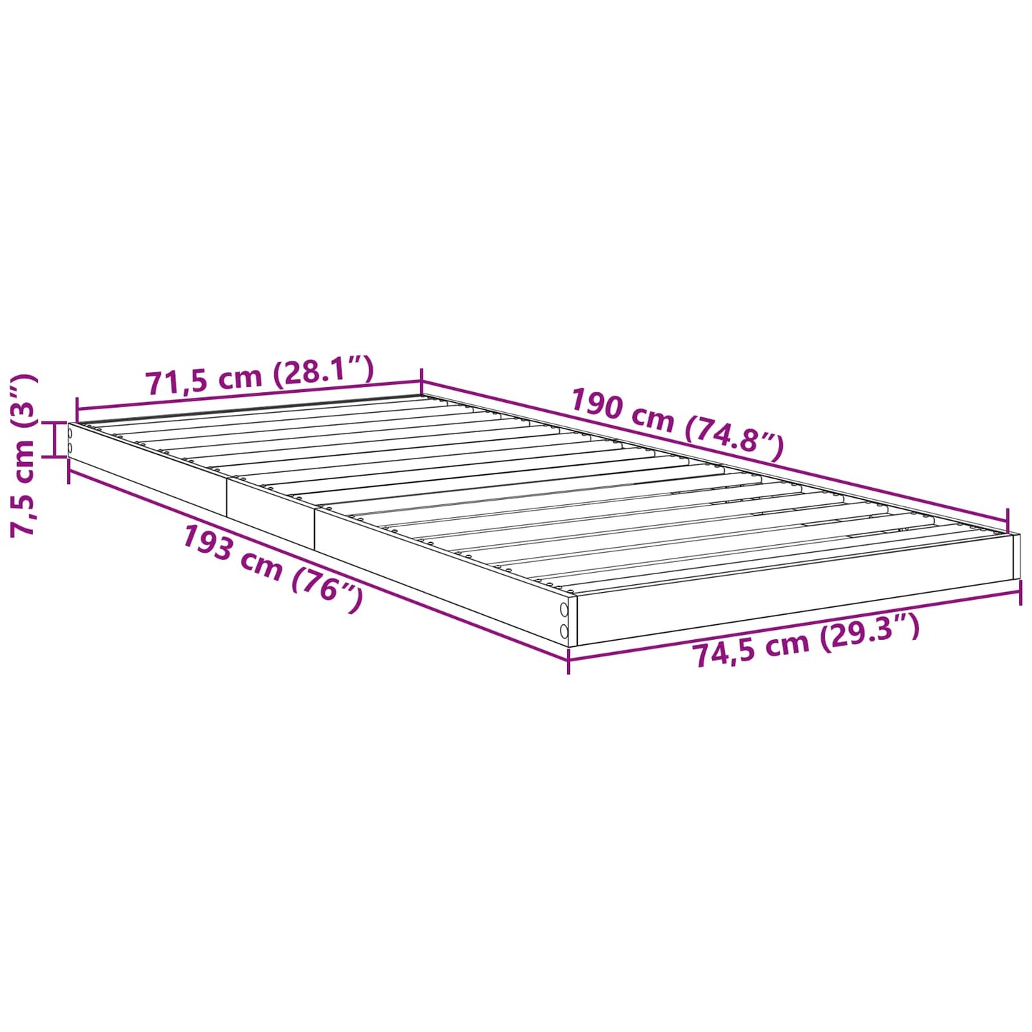 vidaXL Κρεβάτι δαπέδου Σκυρόδεμα Γκρι 75 x 190 cm Επεξεργασμένο ξύλο