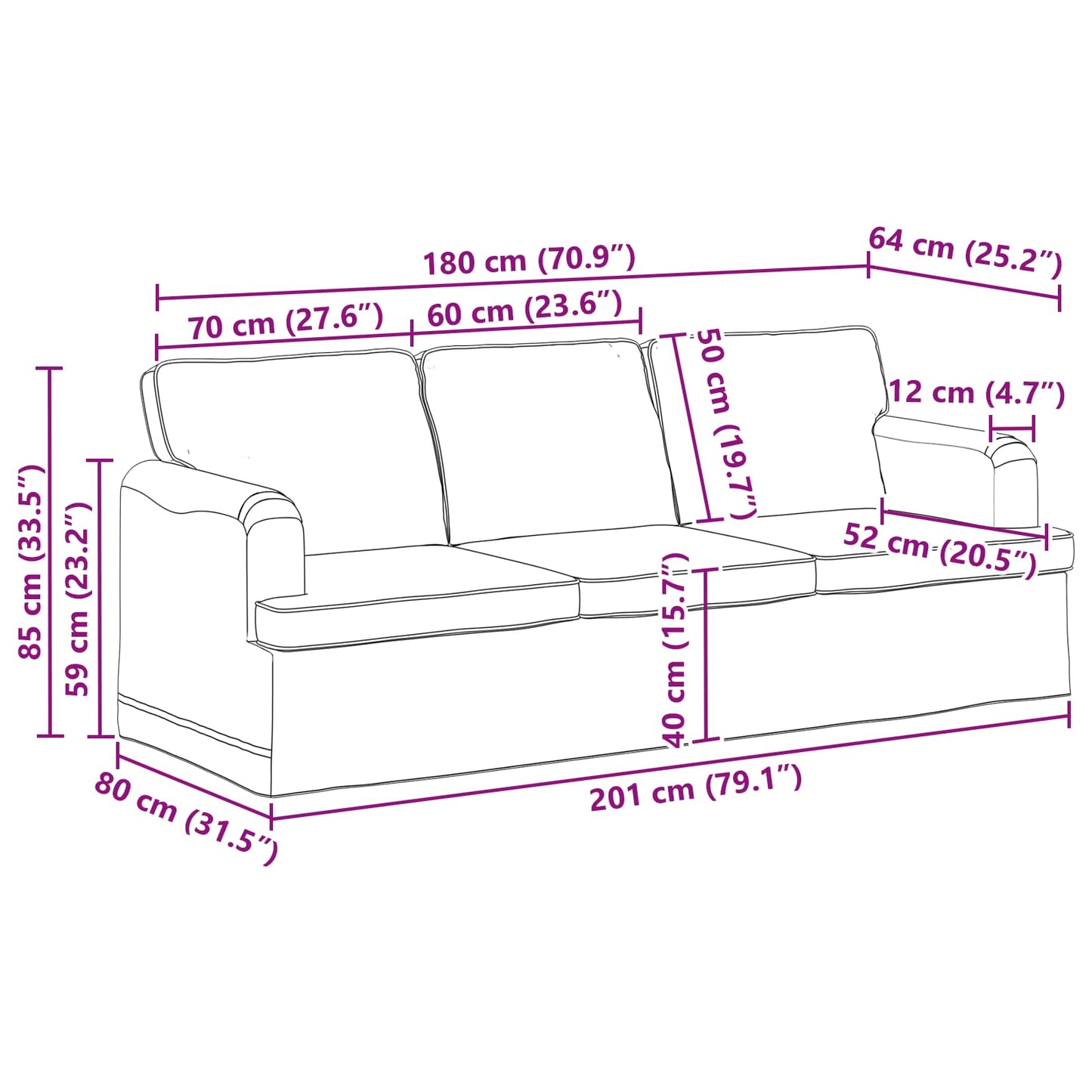 vidaXL Καναπές Κρεμ 201 x 80 x 85 εκ ύφασμα