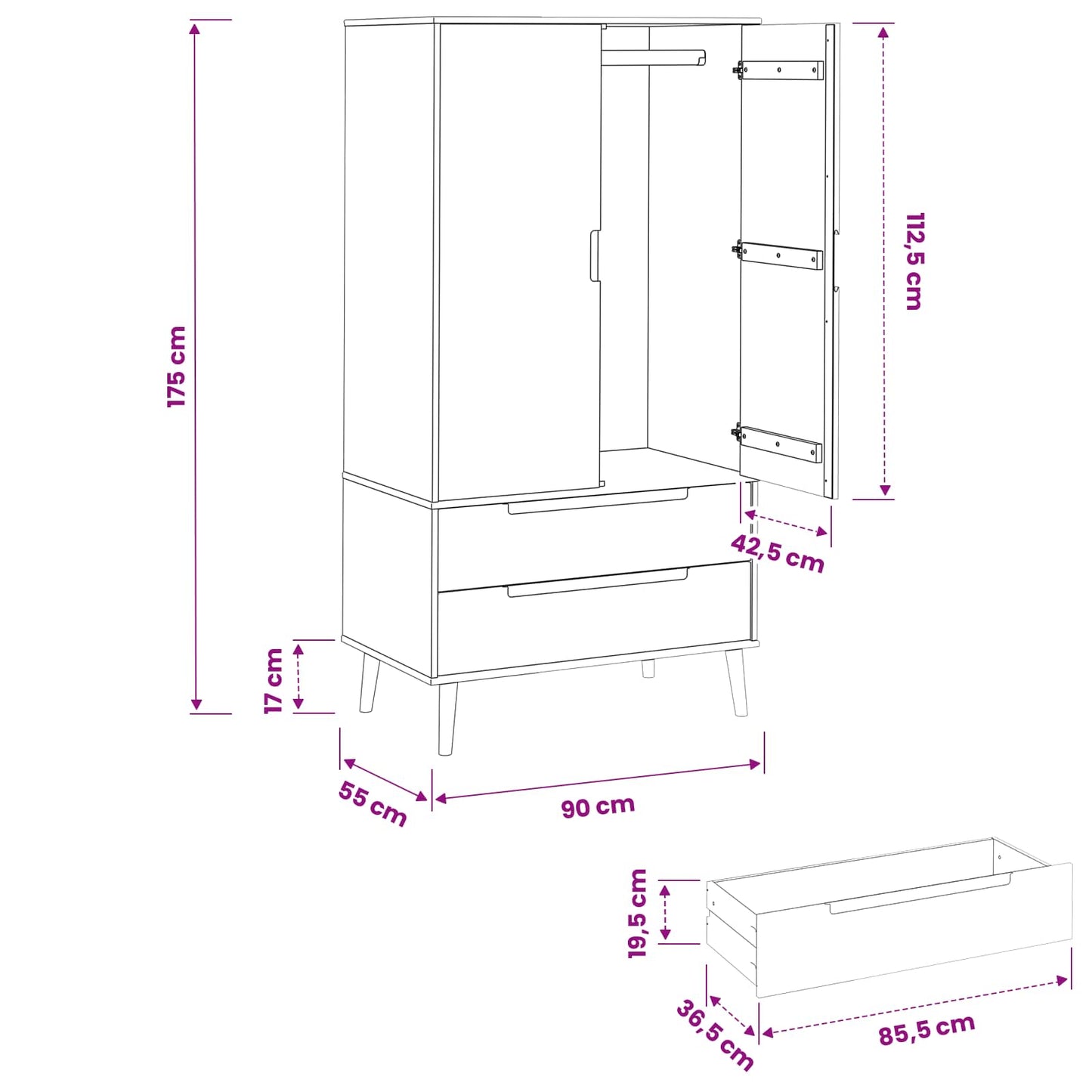 vidaXL Ντουλάπι MOLDE Καραμέλα 90 x 55 x 175 εκ Μασίφ Ξύλο Πεύκου
