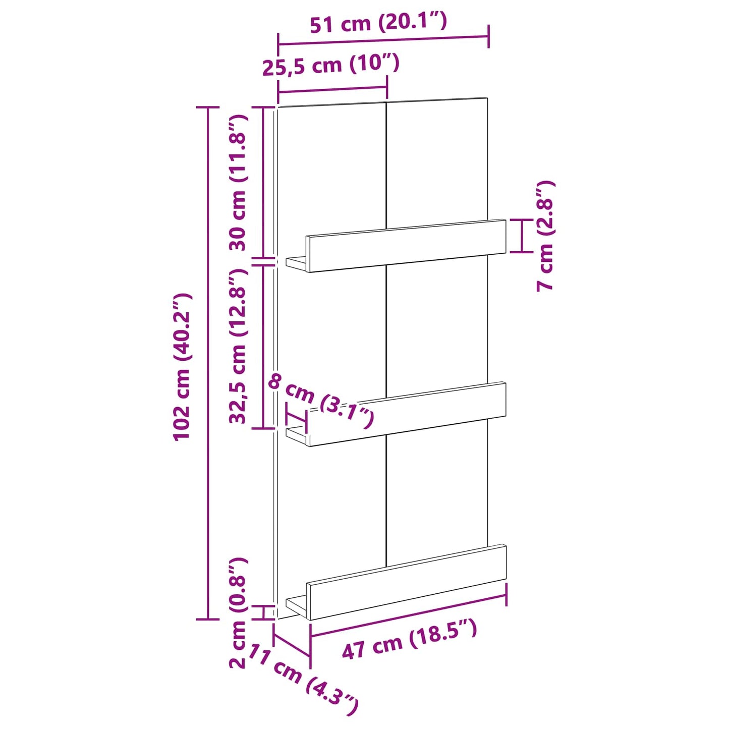vidaXL Ράφι Περιοδικών με ράφι Γκρίζο Σονομα 51 x 11 x 102 εκ