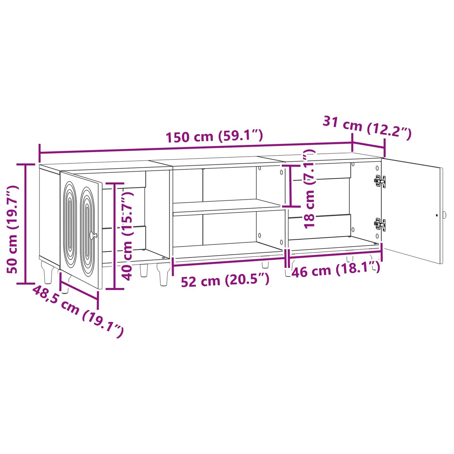 vidaXL Ντουλάπι TV Λευκό 150 x 31 x 50 εκ. Επεξεργασμένο Ξύλο