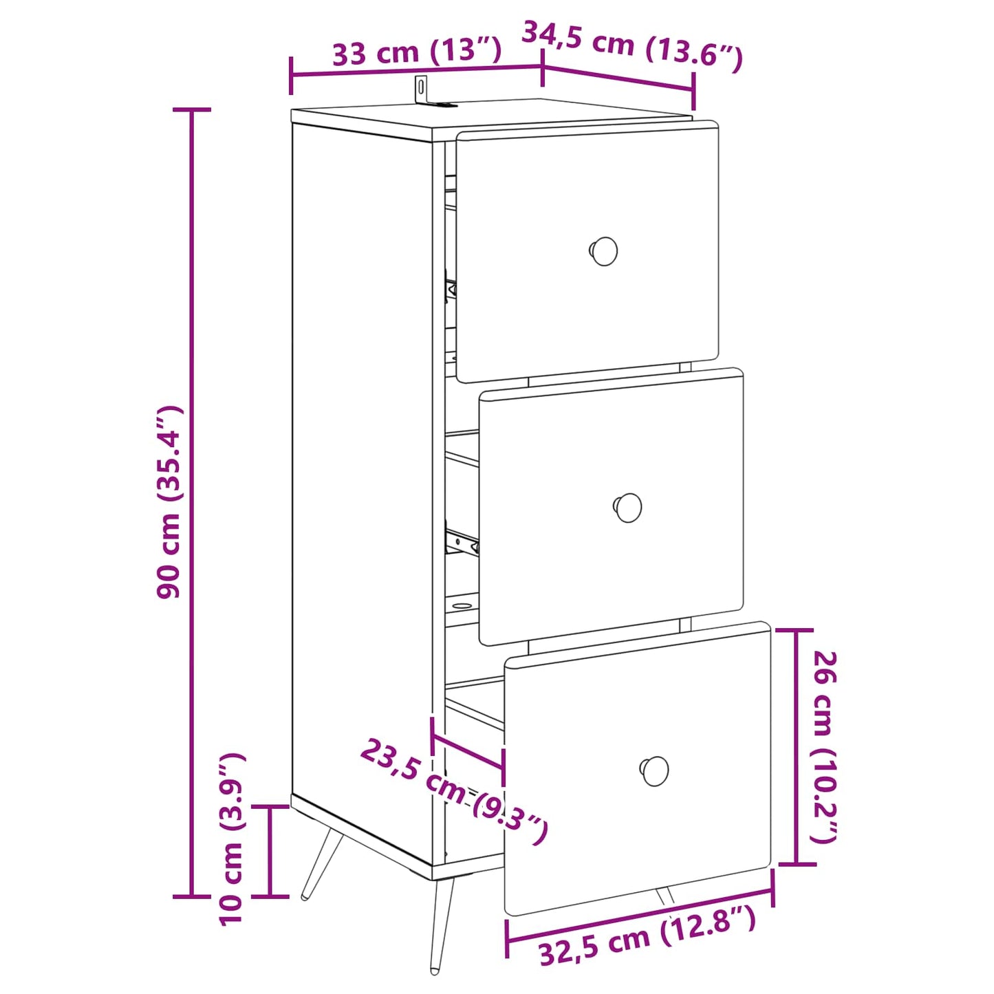 vidaXL Ντουλάπι με Συρτάρια Λευκό 33 x 34,5 x 90 εκ Επεξεργασμένο Ξύλο