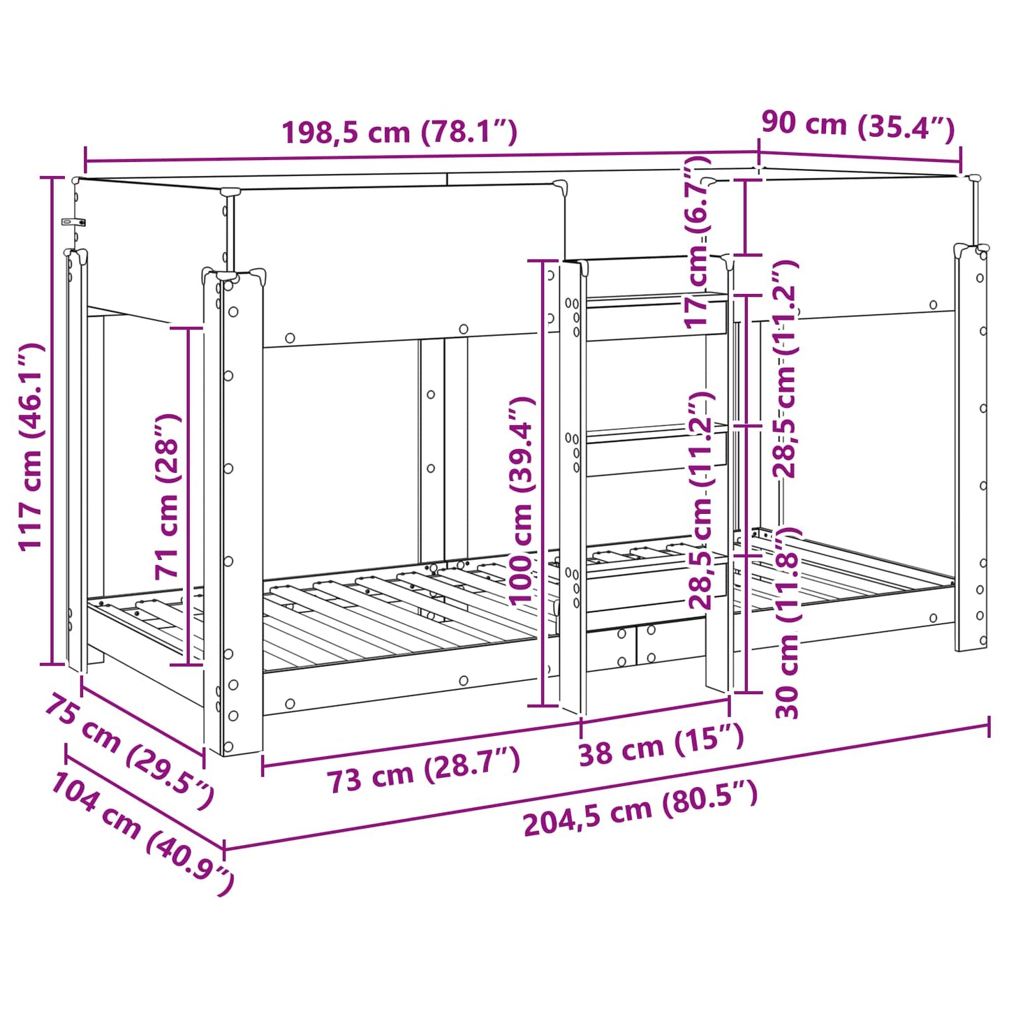 vidaXL Κρεβάτι Κουκέτα για Παιδιά Γκρίζο Σονομα 90 x 200 cm