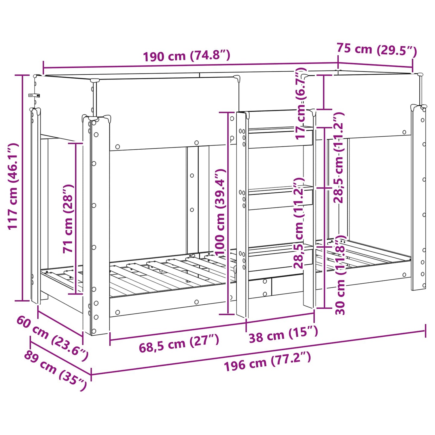 vidaXL Κρεβάτι Κουκέτα για Παιδιά Μαύρη Οξυά 75 x 190 cm