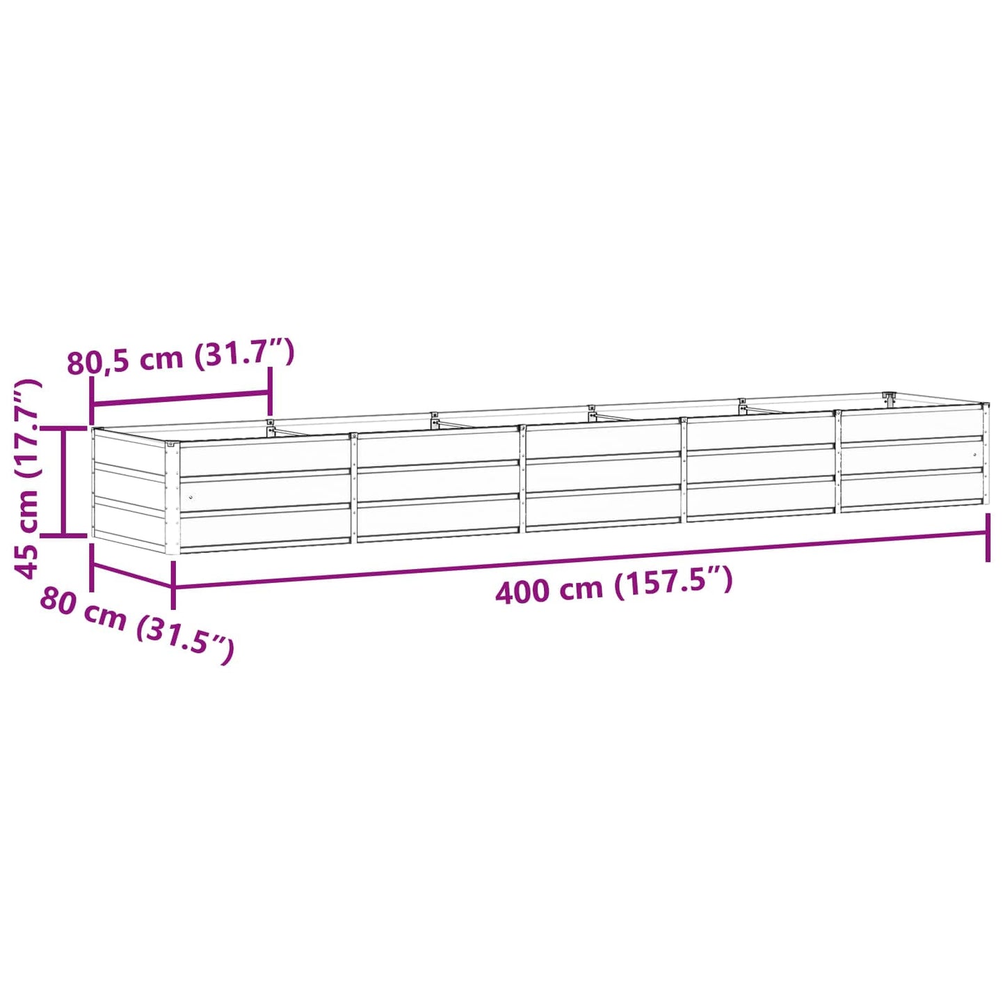vidaXL Γλάστρα Ανοιχτό γκρι 400 x 80 x 45 cm Ατσάλι