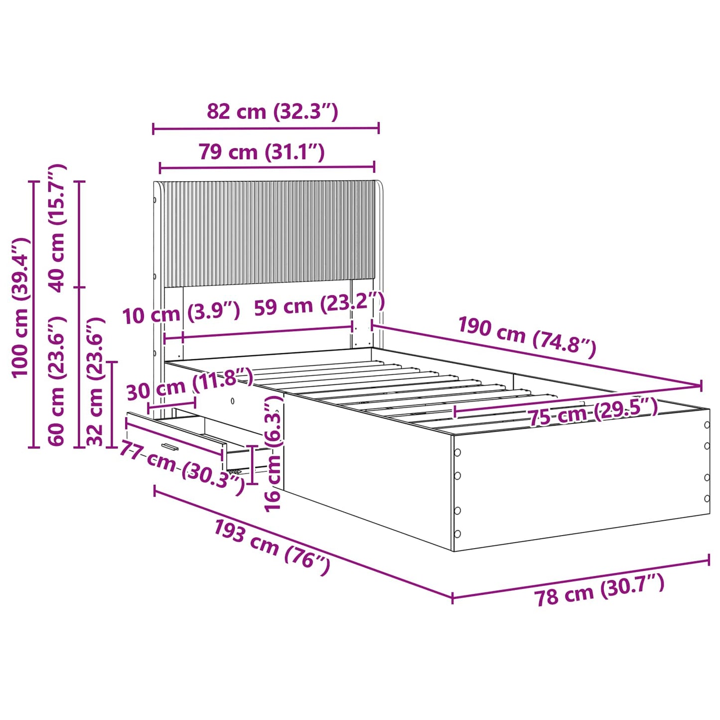 vidaXL Καλάθι με αποθήκη και κεφαλάρι Μαύρο 75 x 190 cm