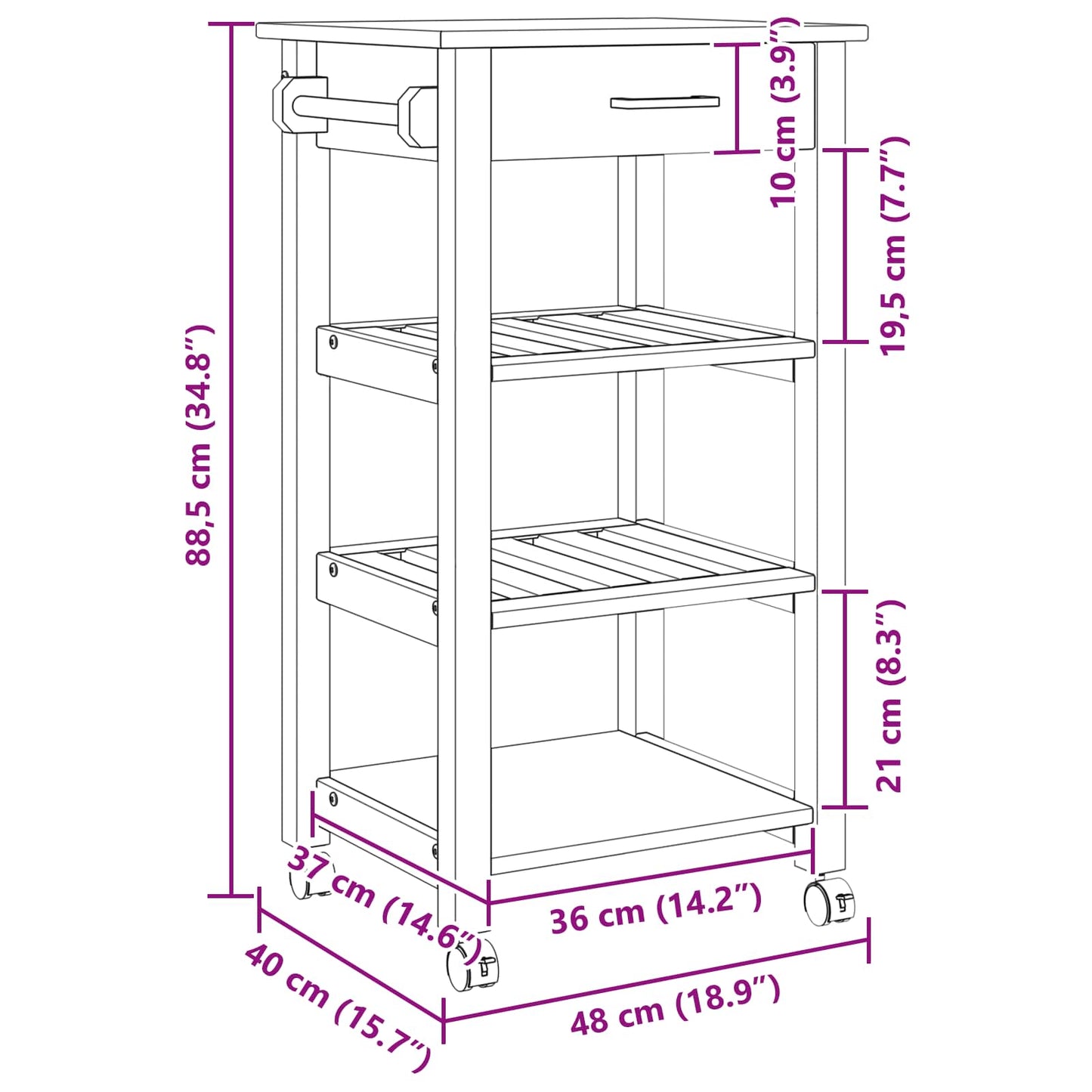 vidaXL Καρότσι Κουζίνας MONZA Μαύρο 48 x 40 x 88,5 εκ.