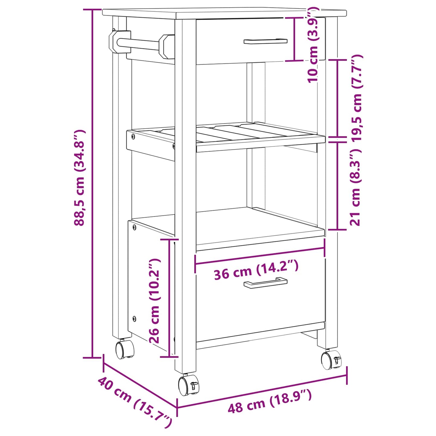 vidaXL Καρότσι Κουζίνας MONZA Μαύρο 48 x 40 x 88,5 εκ.