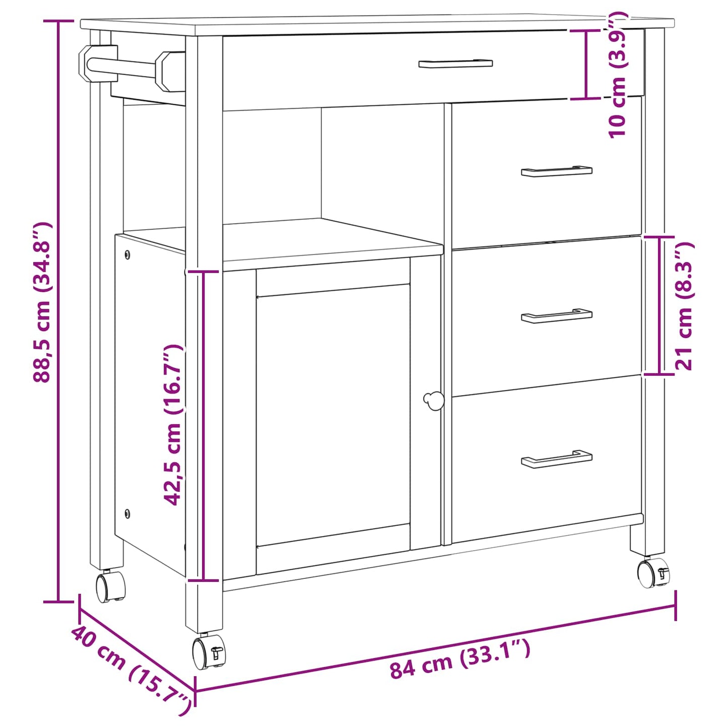 vidaXL Καρότσι Κουζίνας MONZA Μαύρο 84 x 40 x 88,5 εκ.